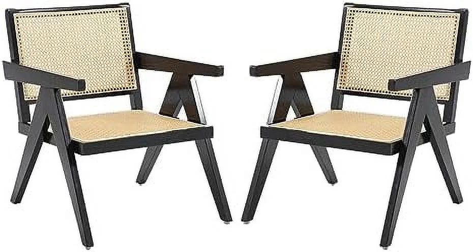 GFVCNIO Rattan Accent Chair 1 PC  Wooden Comfy Living Room Chairs with Woven Backrest & Seat  Solid Leisure Armchair  Mid-Century  Cane Lounge Chairs for Bedroom  Patio  Balcony  Blac