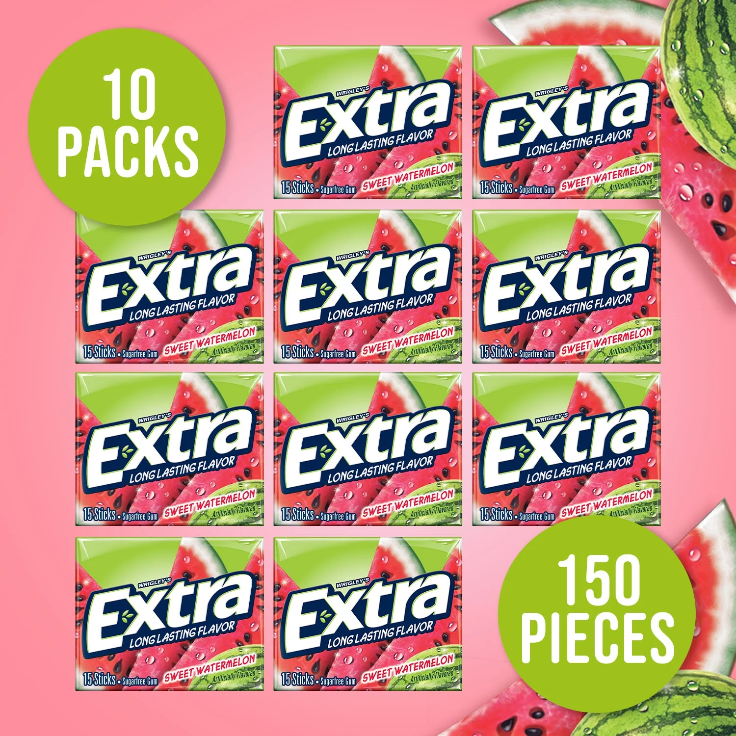 Extra Sweet Watermelon Sugar Free Bulk Chewing Gum, 15 Pc, 10 Ct