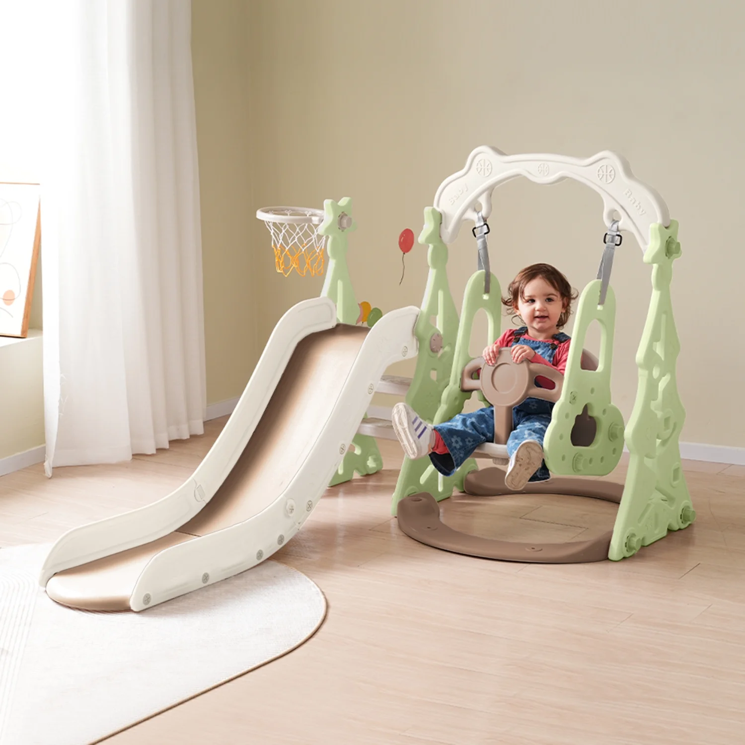 Sturdy and versatile 3-in-1 toddler slide and swing set with durable construction  ideal for indoor and outdoor use. This playground climber playset features basketball hoops for added fu
