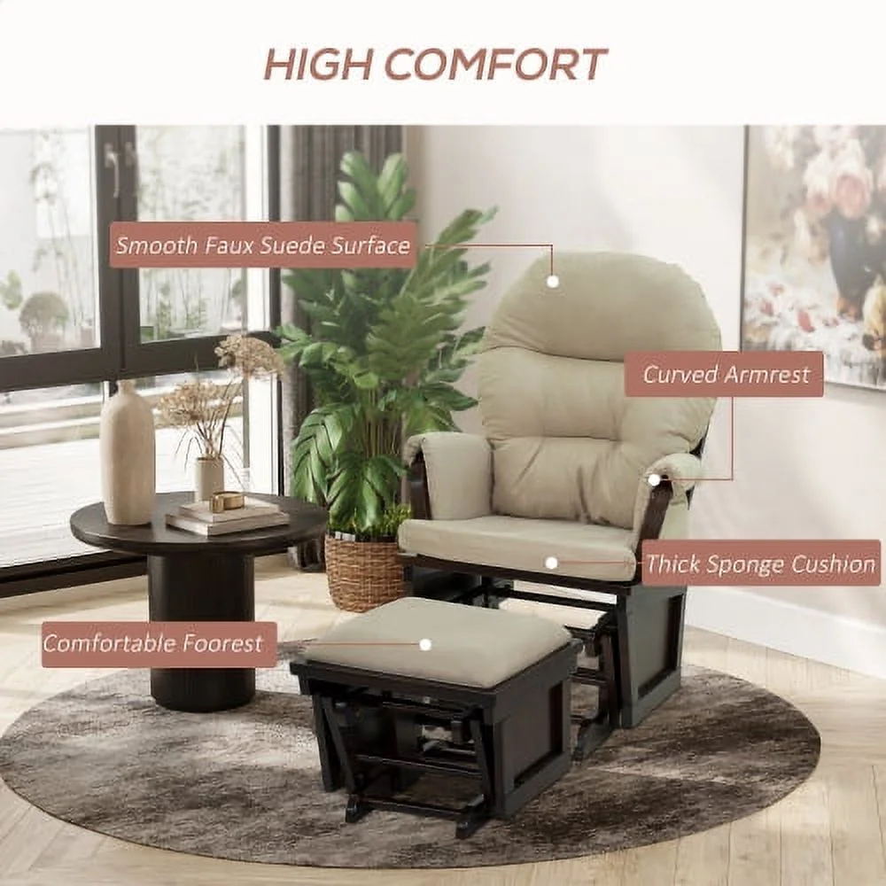 GUIOIHDC Nursery Glider Rocking Chair with Ottoman  Thick Padded Cushion Seating and Wood Base  Cream White