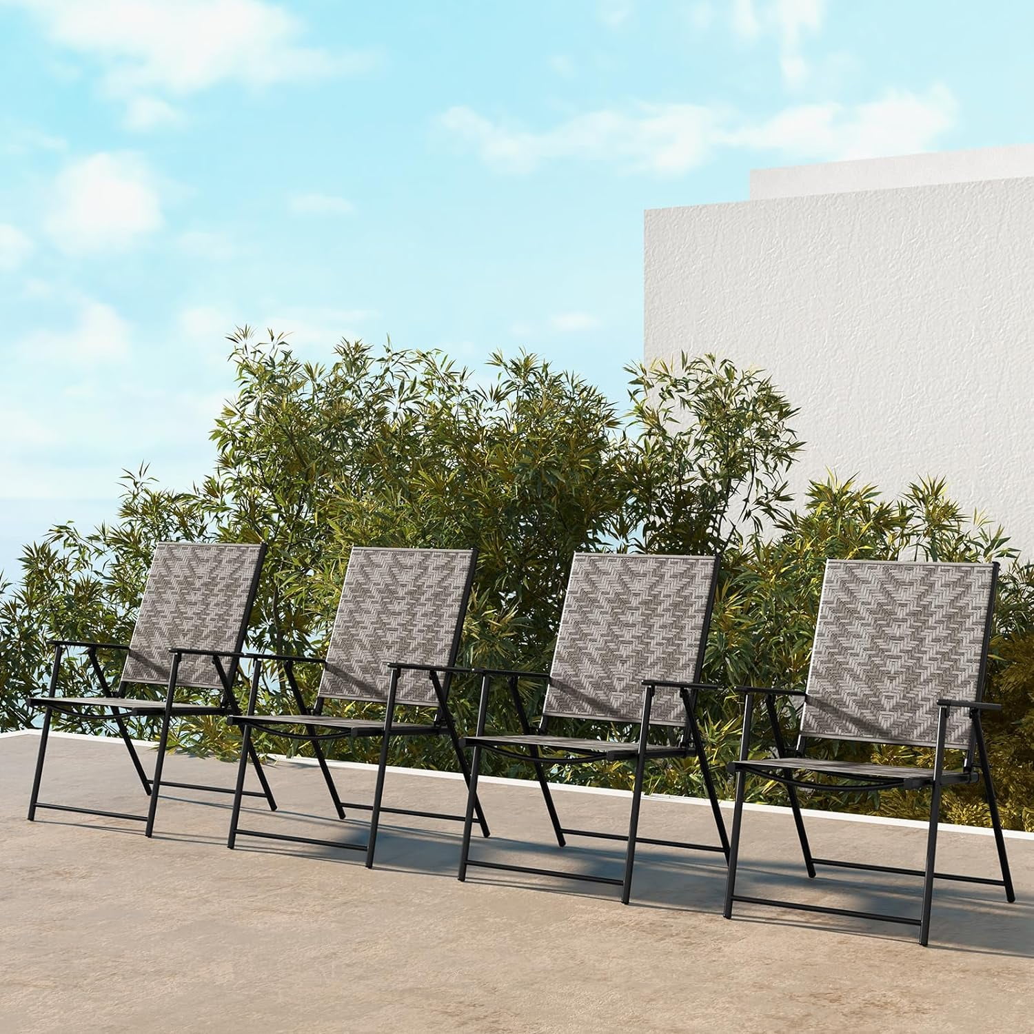 Patio Folding Chairs, Outdoor Wicker Dining Chairs with Armrests, Portable Lawn Chairs with Metal Frame for Garden, Backyard, Poolside, No Assembly (4, Mix Gray)