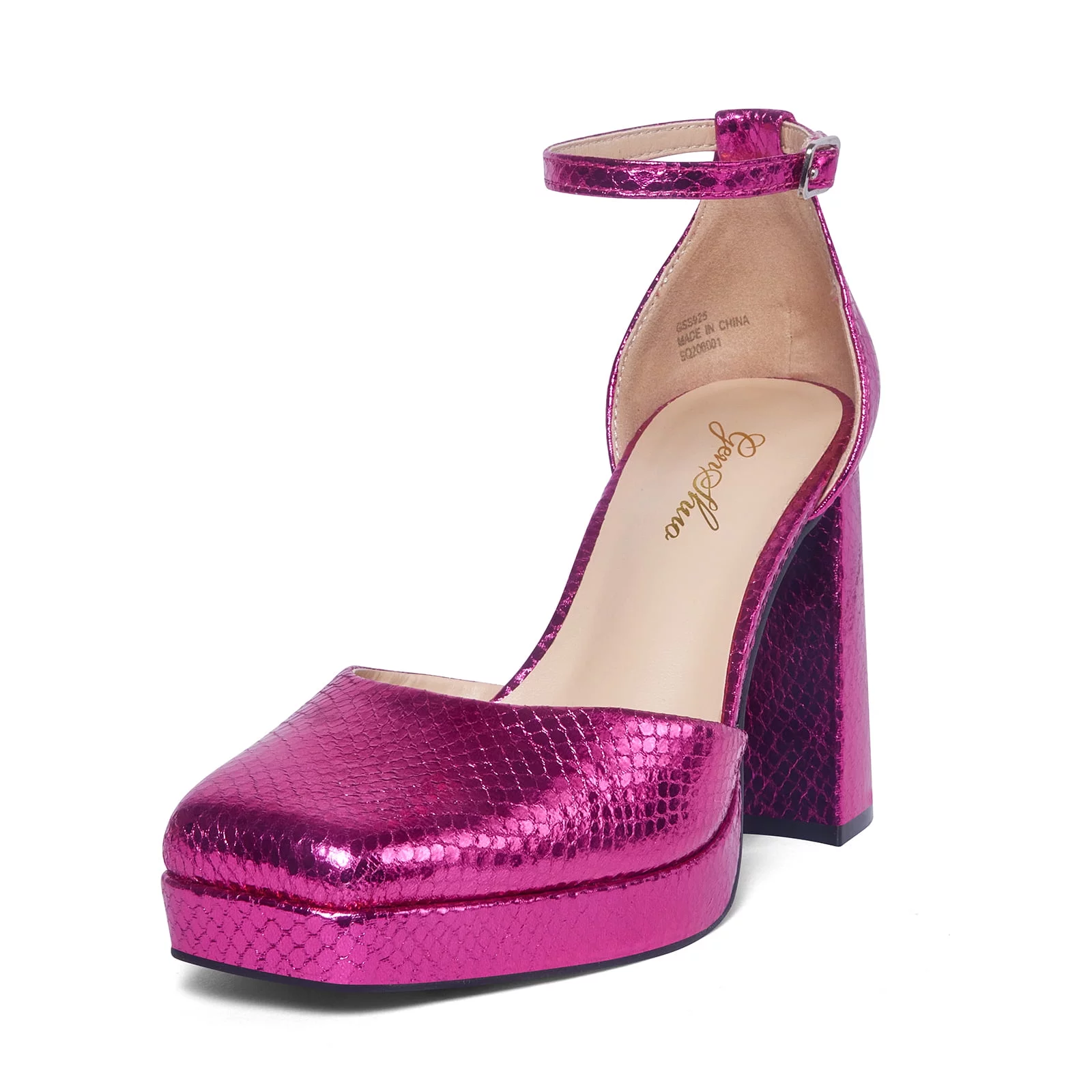 Zhabtuc Women's Platform Chunky Pumps Heels, 4 Inch Square Toe Block Sandals Closed Toe Ankle Strap Strappy Platform Pumps Party Shoes Hot Pink Size 9