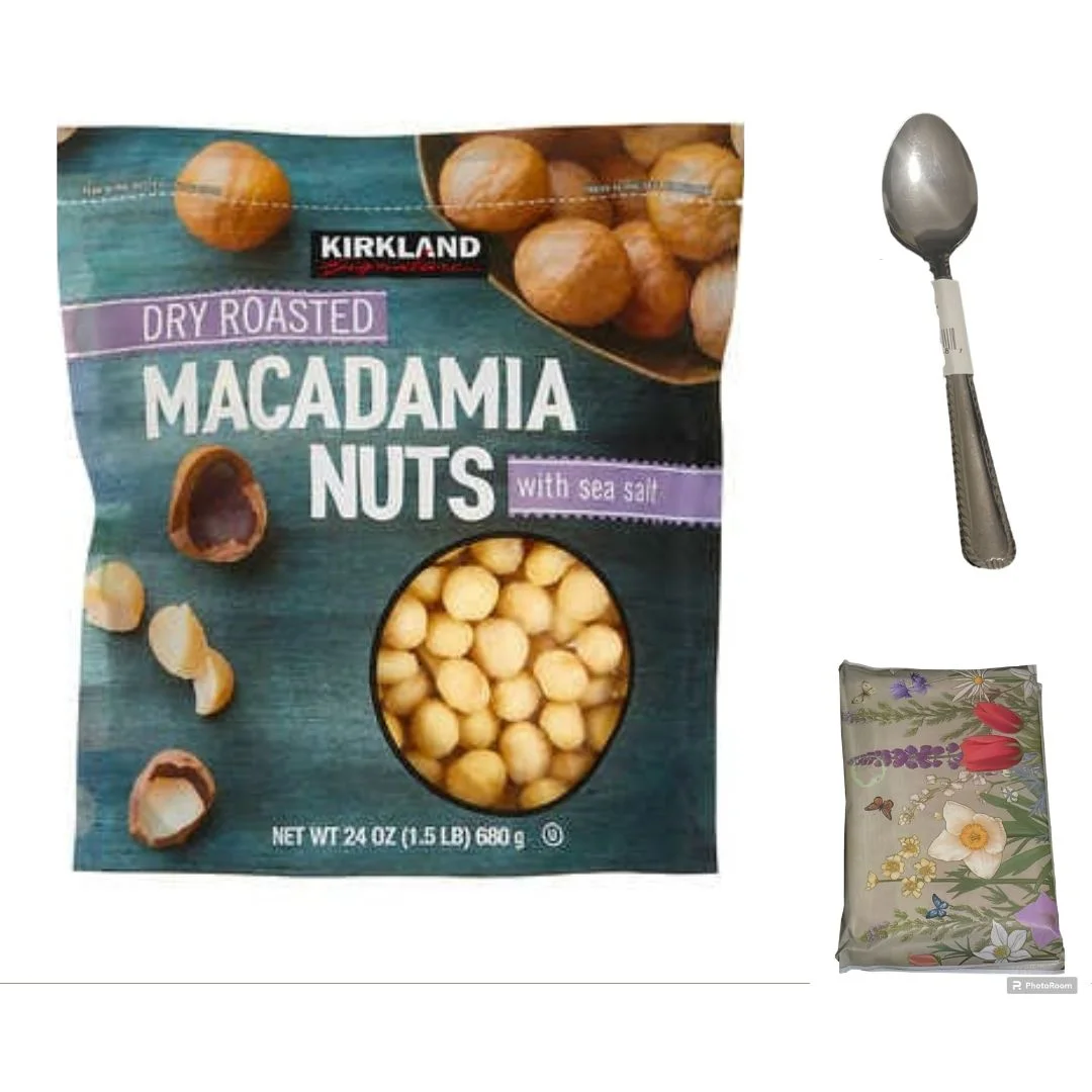 Kirkland Signature Dry Roasted Macadamia Nuts, Salted, 1.5 lbs Along with Spoon and Tissue