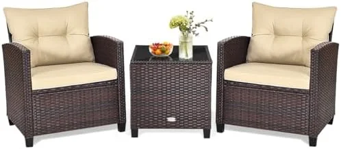 xrboomlife 3 Pieces Patio  Set Outdoor  Rattan Wicker Chairs and Table Set  Balcony Porch Conversation Set with Washable Cushions & Tempered Glass Coffee Table