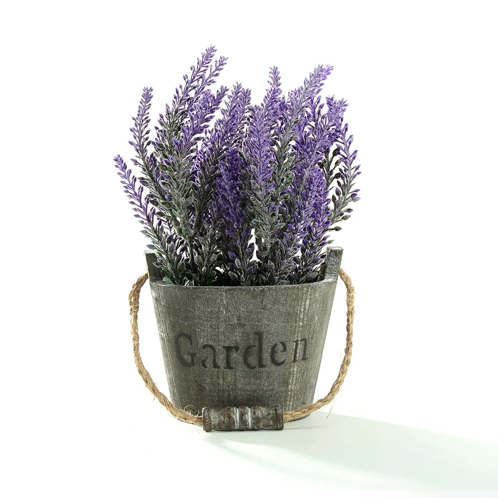 K-Cliffs Vintage Bouquet of Artificial Lavender Flowers,  Potted in a Rustic Gray Wooden