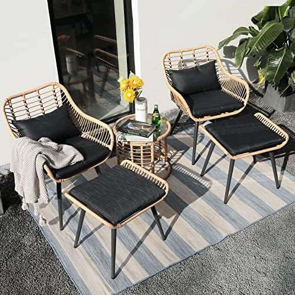 HBLUKDL 5 Piece Outdoor Wicker Conversation Set with Ottomans  Patio   with Rattan Chairs and Round  for Porch  Balcony  Poolside  Yard  Gray Cushion