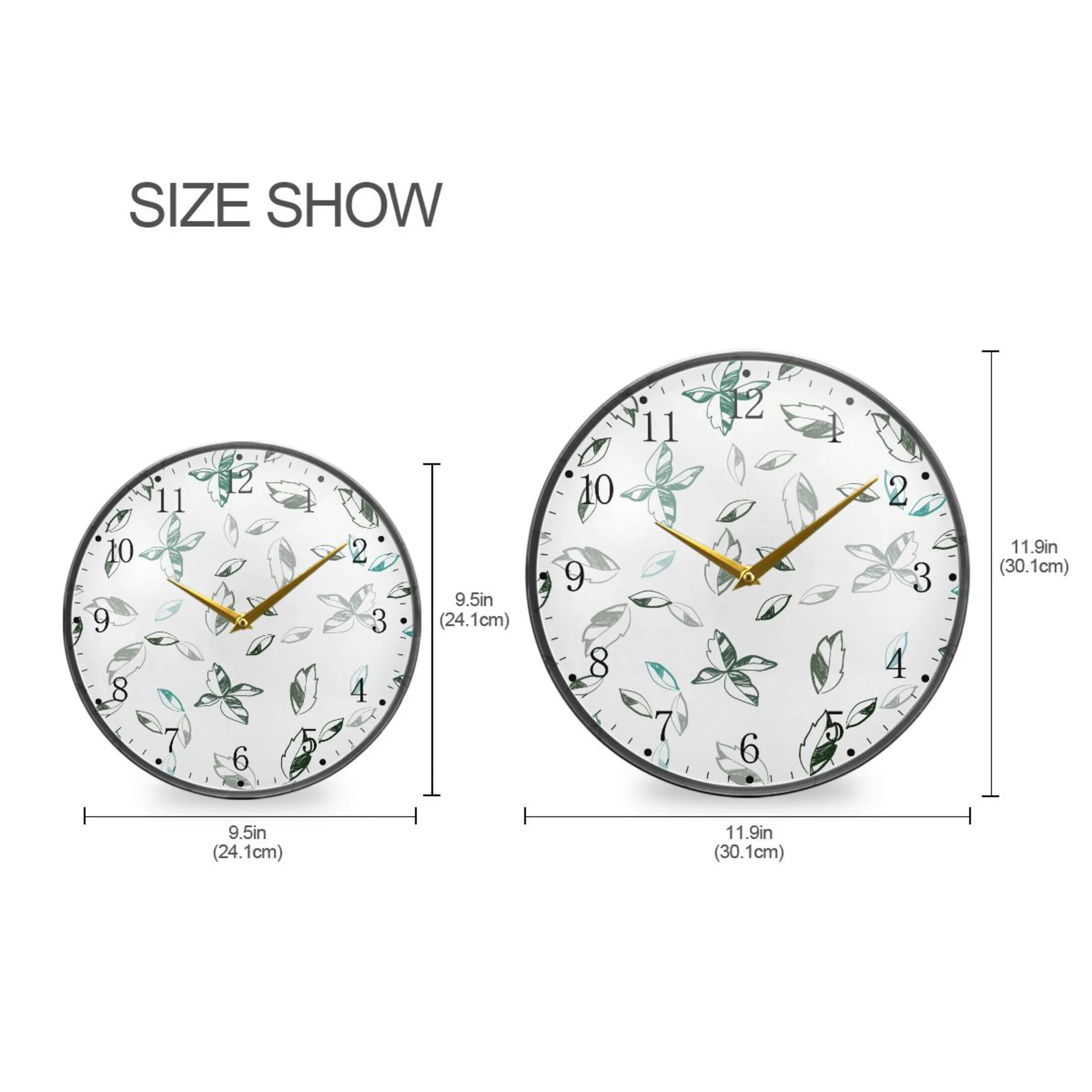 Watercolor Green Leaves Acrylic Wall Clocks Quiet Round Clock Battery Operated Non-Ticking Clock for Bedroom Kitchen Office Decorative 9.5 Inch