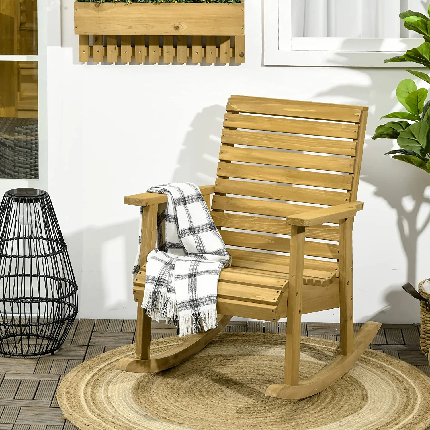 Elegant Wooden Outdoor Rocking Chair, Traditional Slatted Wood Rocker Chair with Armrests and High Backrest for Indoor & Outdoor, Light Brown