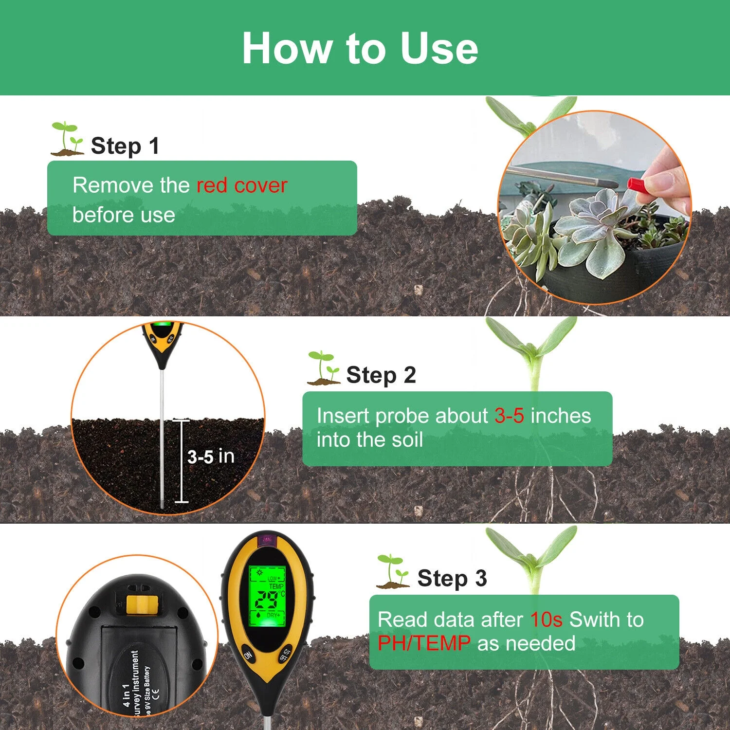 LCD Digital PH Soil Tester Water Moisture Temperature Sunlight Test Meter Plant