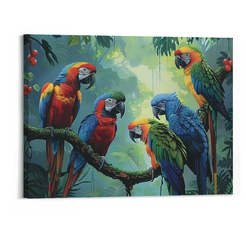 BCIIG Large Tropical Birds Animal Canvas Wall Art Rainbow Parrots on the Branch Rainforest Picture Painting For Living Room Home Decor Stretched and Framed Ready to Hang  frameless 20