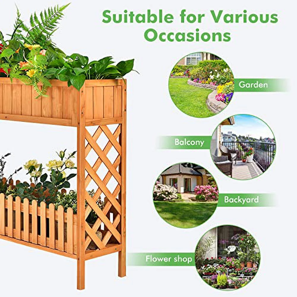 S AFSTAR 2-Tier Raised Garden Bed, Indoor Outdoor Flower Bed with Bottom Shelf Fence, 35.5” H Wood Elevated Planter Box for Vegetable Flower Herb Succulent, Ideal for Patio Balcony Backyard