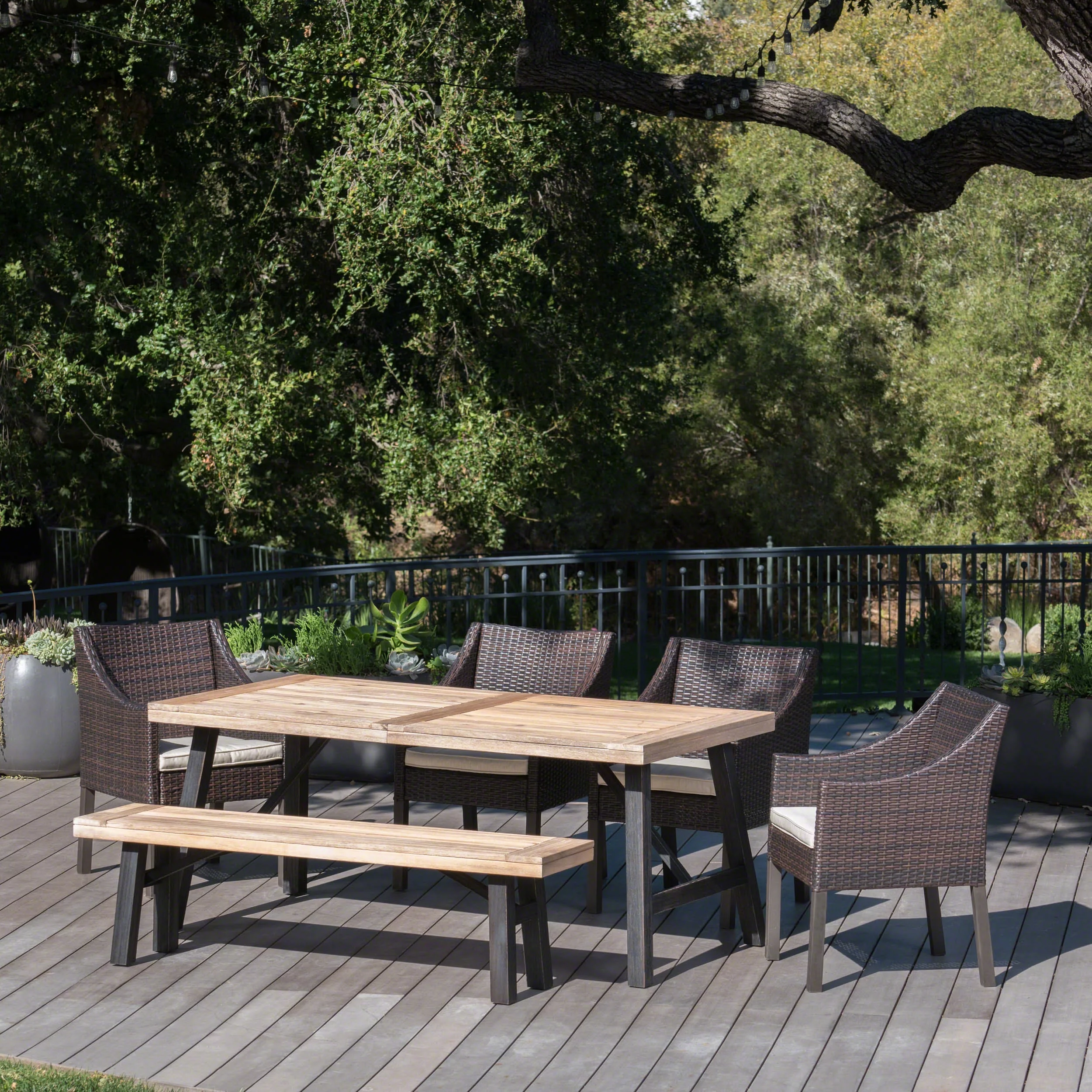 Sherwood Outdoor 6 Piece Acacia Wood Dining Set with Multibrown Wicker Dining Chairs with Cushions, Brushed Grey, Beige