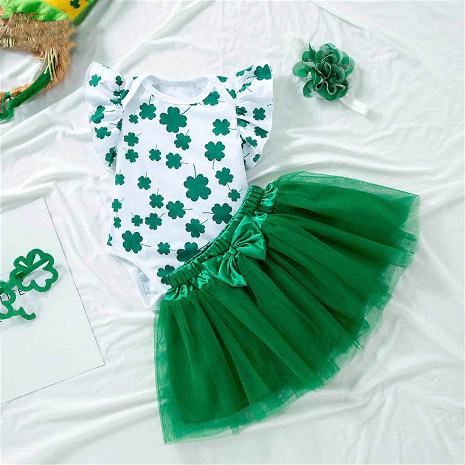 Autumn Tennis Skirt Festivai Clothes Baby Girl'S Party Dress Set Baby Flying Sleeve Dress Green Skirt Hair Accessories 3 Sets Denim Mini Skirt