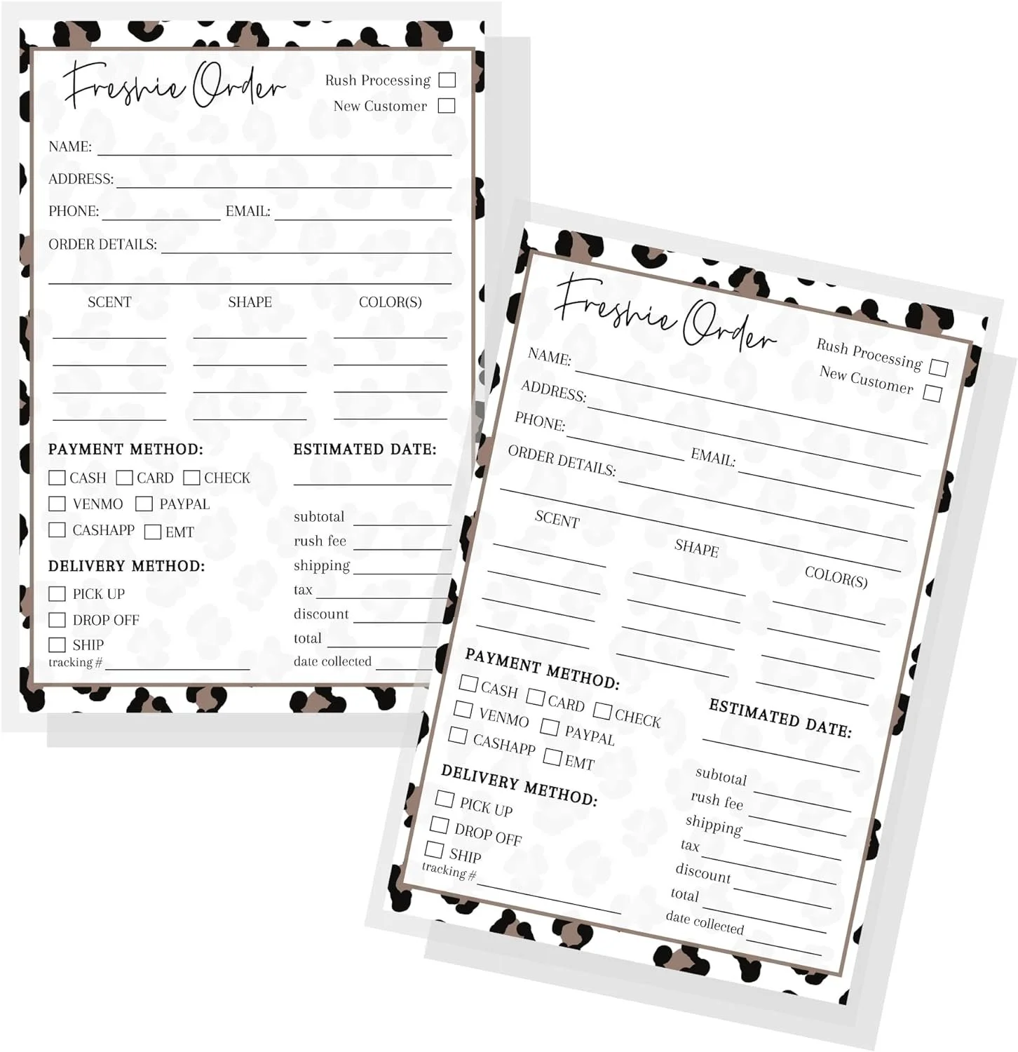 Freshie Order Forms  50 pk 5x7 Scent Label for Customer Re-Orders Bulk Leopard Minimalist for Custom Orders Sheet Care Instructions