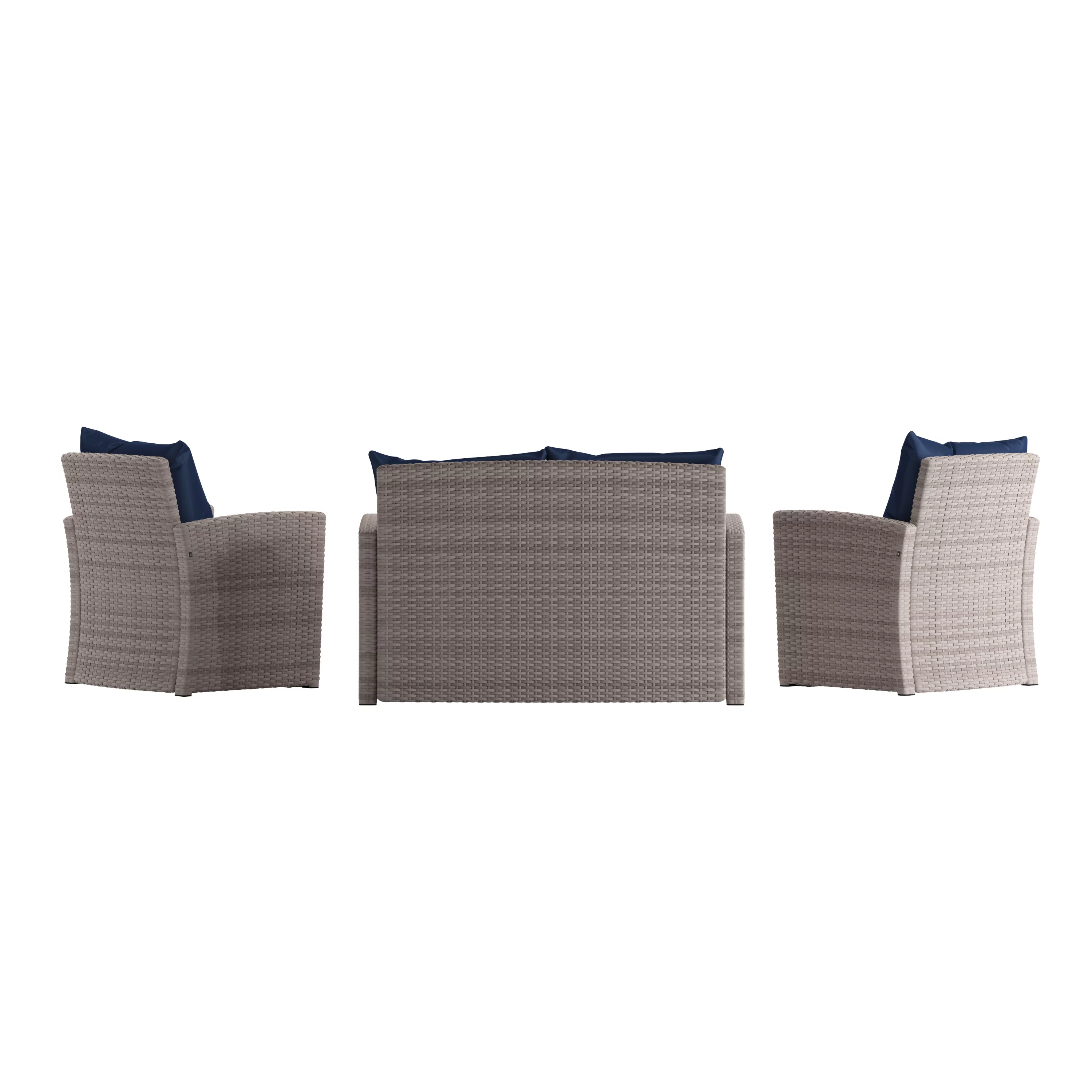 BizChair Series 4 Piece Light Gray Patio Set with Navy Back Pillows and Seat Cushions