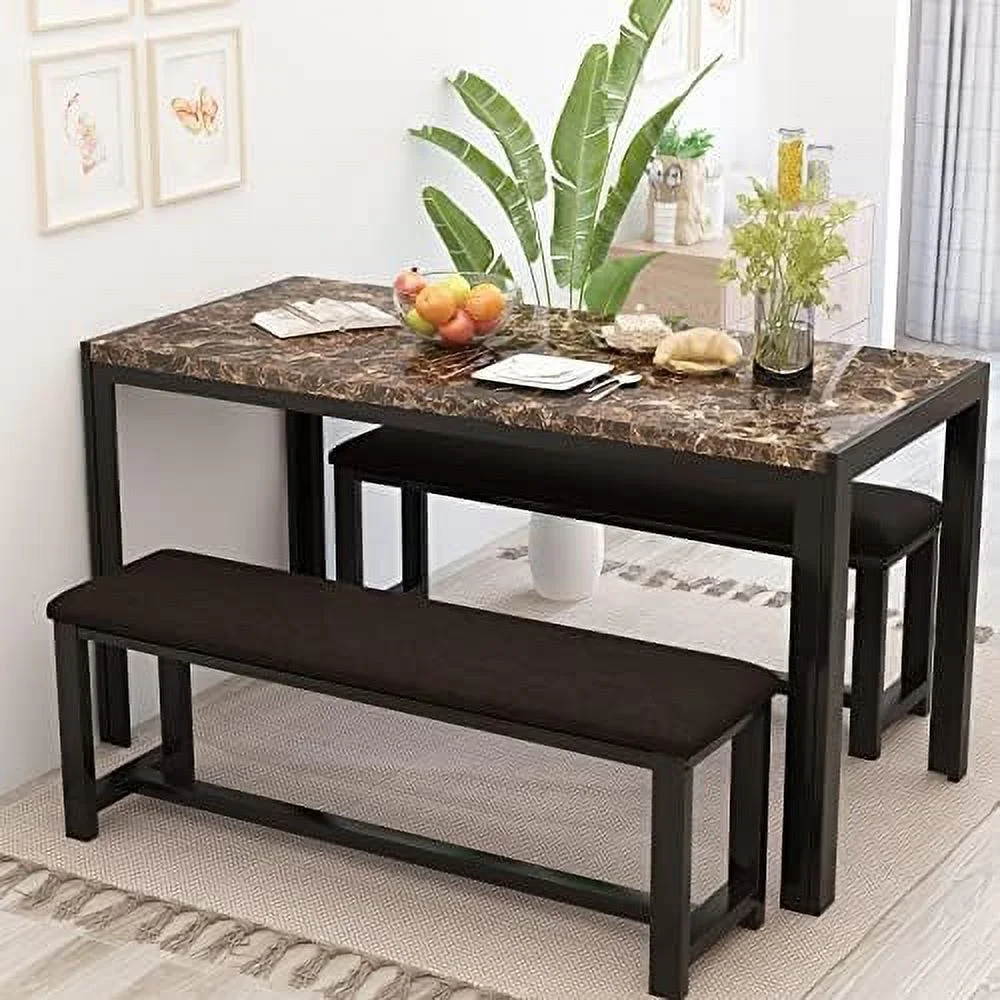 YPDCHB Dining Table Set for 4  Kitchen Table and Chairs for 4  Faux Marble Dining Room Table with 2   Space Saving Dining Table and Upholstered PU Leather Bench for Small Spaces  White