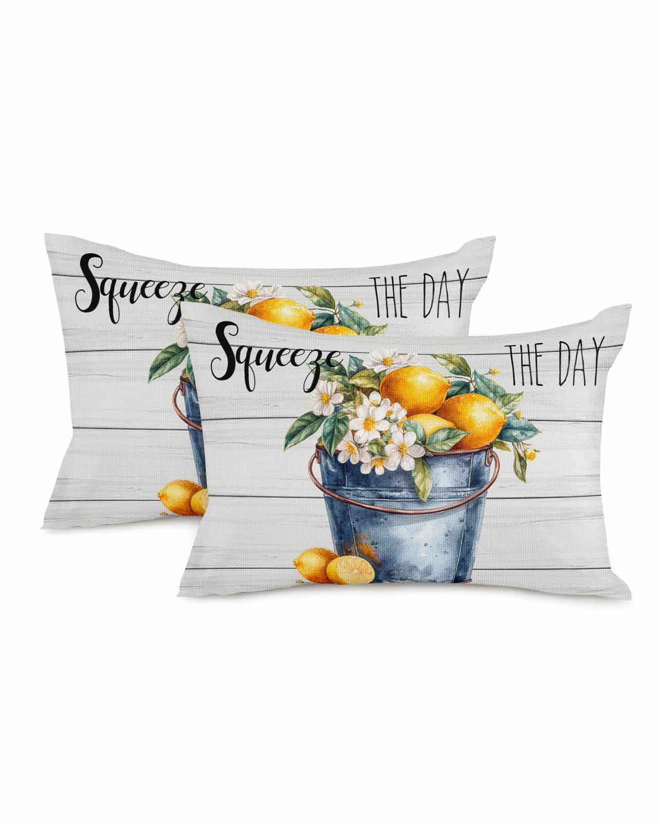 Summer Lemon Flowers Farmhouse 12x20 Pillow Covers Set of 2, Iron Bucket Wood Decorations Outdoor Throw Pillow Covers, Cotton Linen Square Pillowcases for Patio Sofa Couch Bedroom Decorative