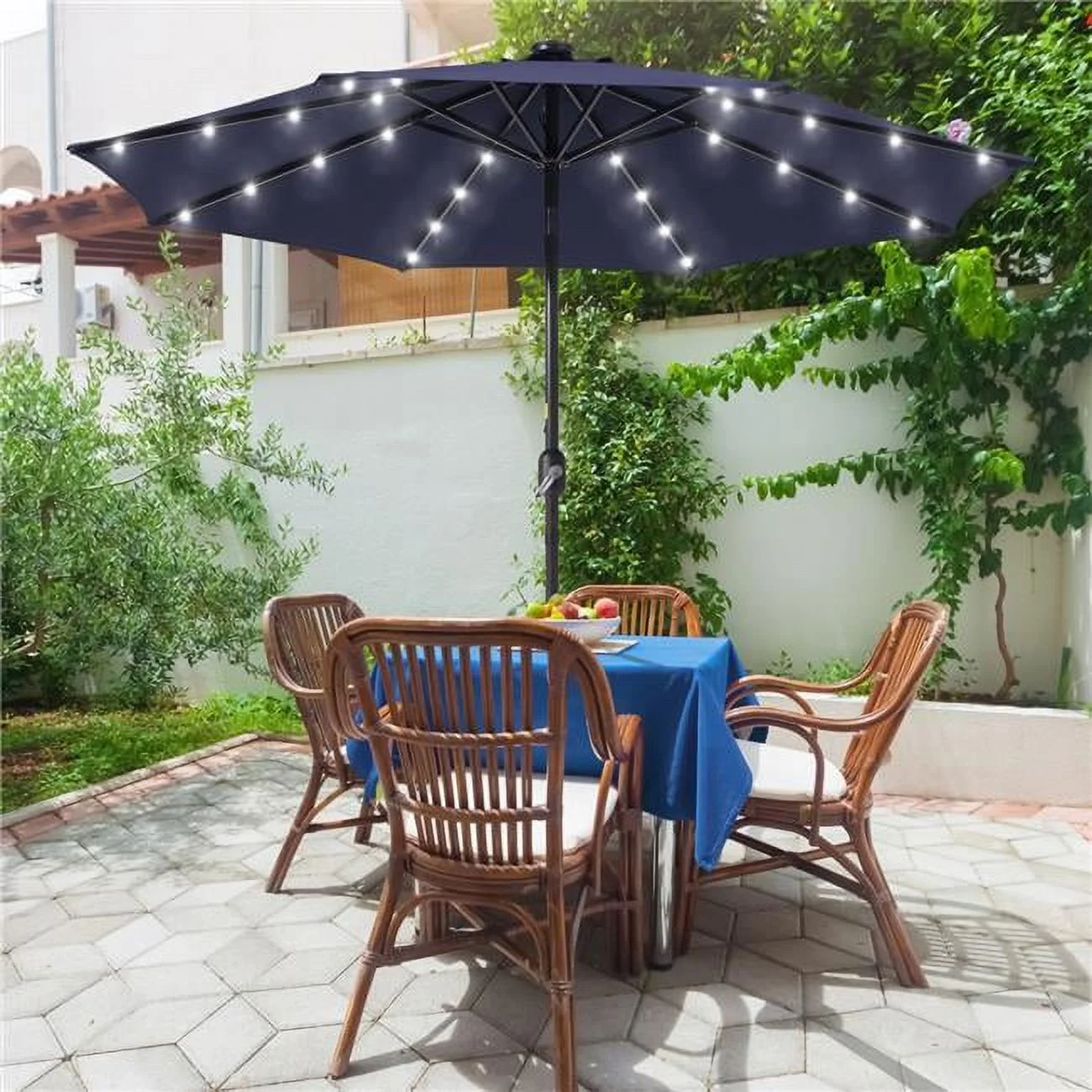 9 ft. Solar Lighted LED Outdoor Patio Market Table Umbrella in Navy Blue, UV-Resistant Canopy and Tilt Button