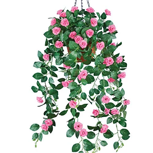 Artificial Cascading Rose Blossoms Bush With Lush Greenery, Set Of 2 - Place In Hanging Basket Indoors, Outdoors - Plastic, Polyester - 34
