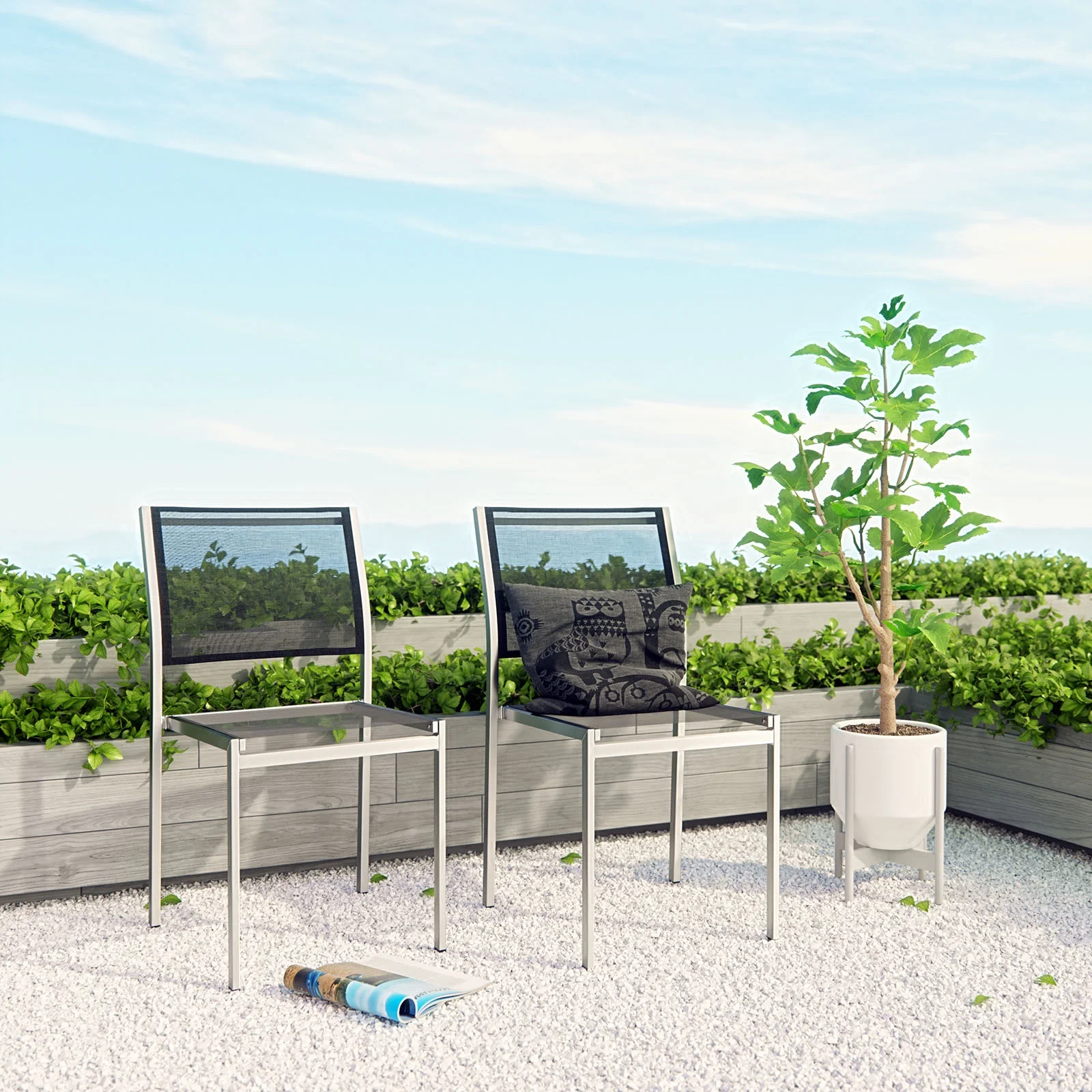 Modern Contemporary Urban Design Outdoor Patio Balcony Dining Chair ( Set of 2), Black, Aluminum