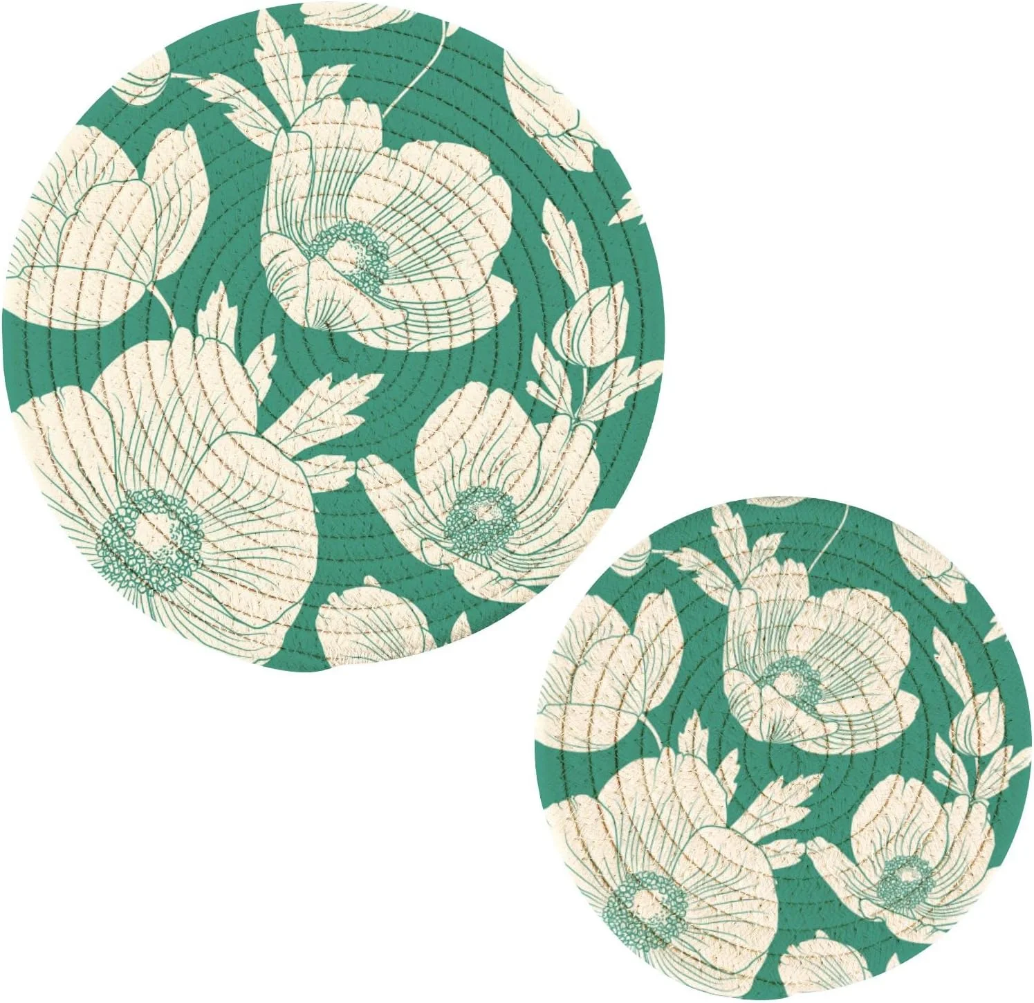 GZHJMY Hellebore Poppy Flowers Print Round Cotton Rope Pot Holder for Kitchen Counter Trivets, Set of 2 Hot Pads for Table