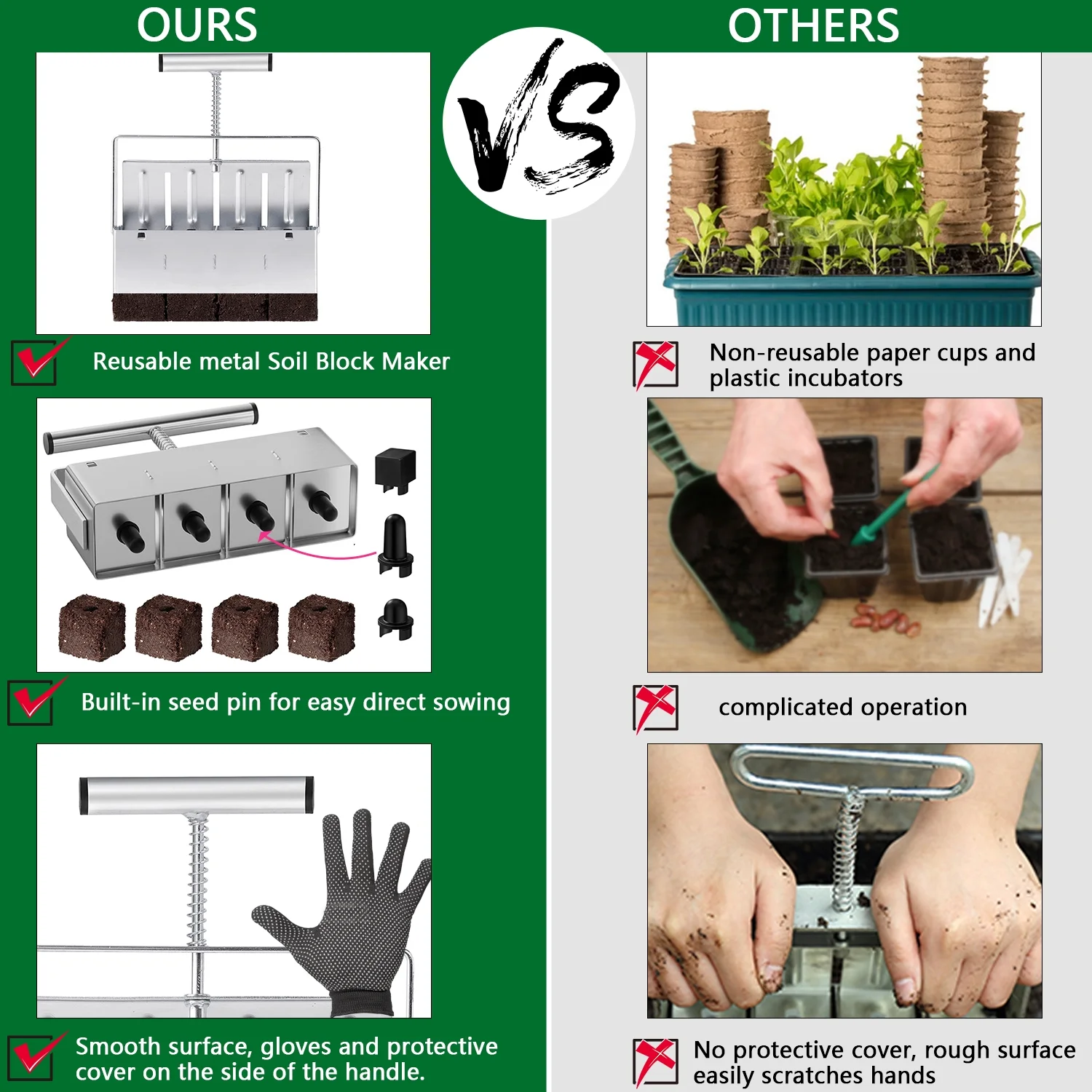 ROMUCHE Soil Block Maker, 4 Cell Soil Block Maker 2 Inch with 3 Sizes Seed Pins, Seed Handheld Block Maker with Comfortable Handle for Seed Starting, Grow Seedling Outdoor Plants Greenhouses Garden