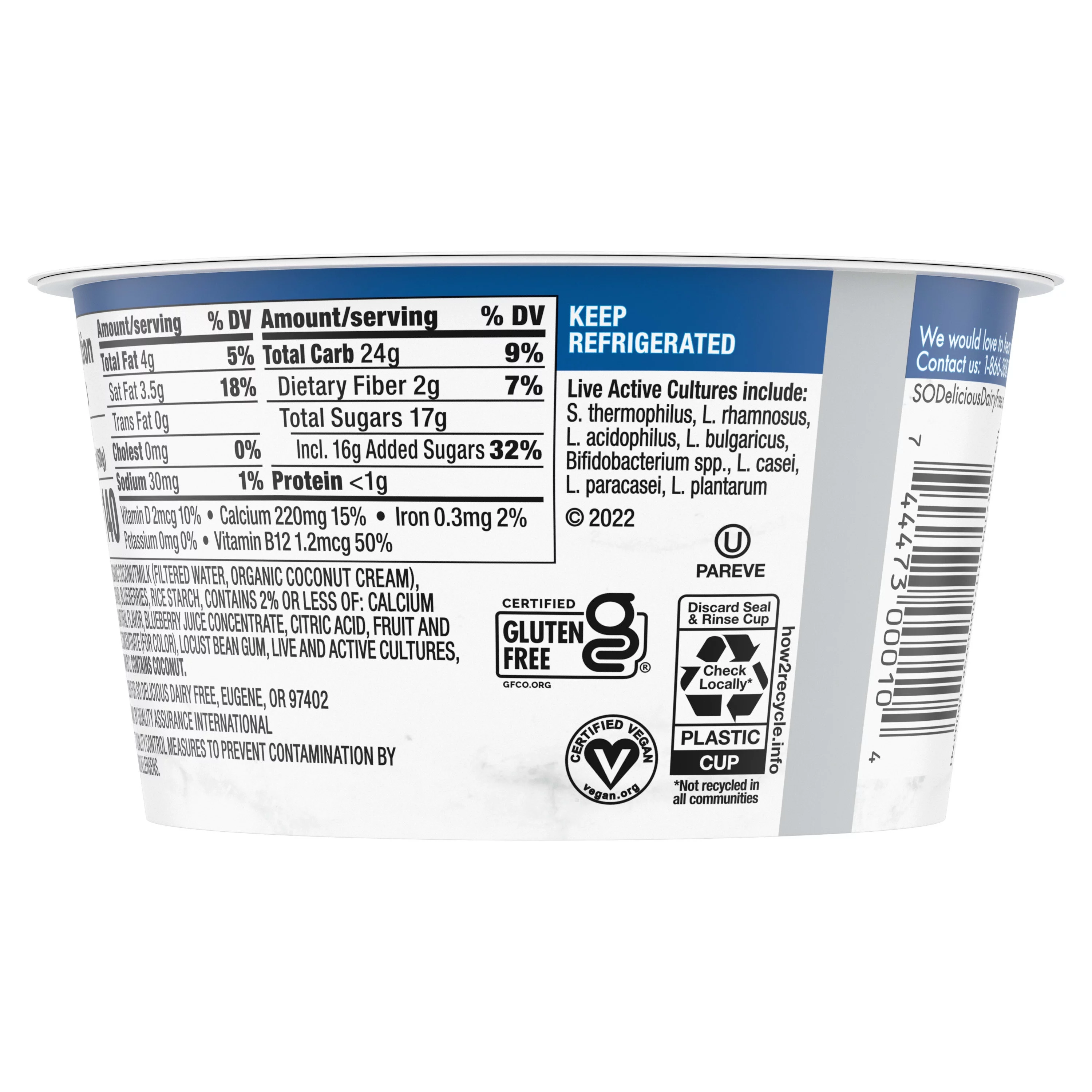 So Delicious Vegan, Non Dairy Blueberry Coconut Milk Yogurt Alternative, 5.3 oz Container