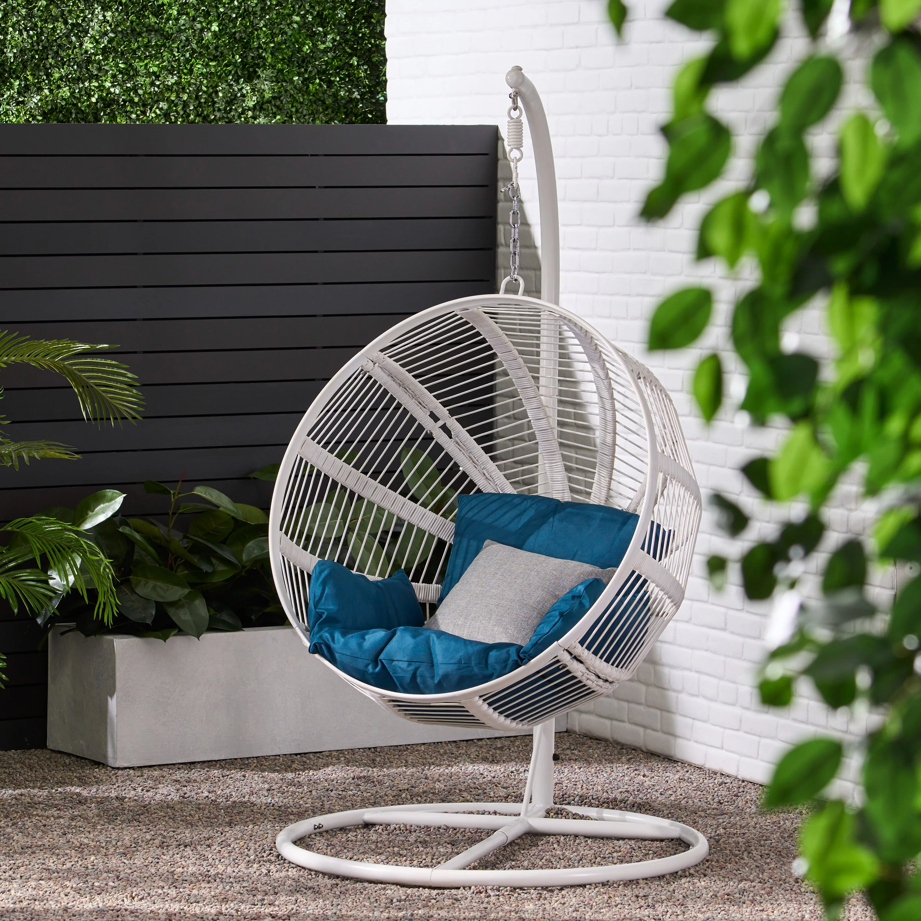 Leaverton Rope Weave Outdoor Hanging Chair with Stand, White and Dark Teal
