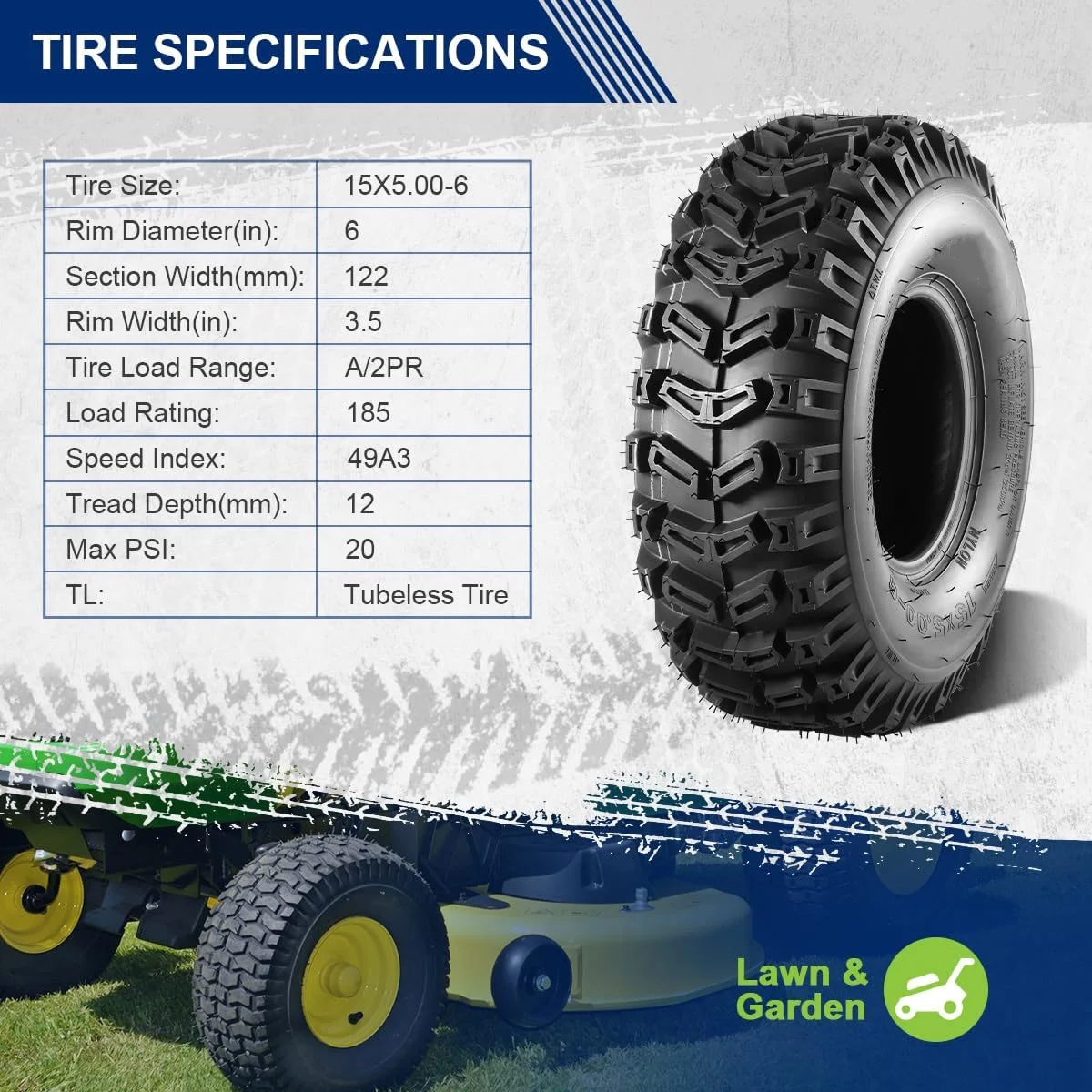 ATV Tires 15x5.00-6 15x5x6 Snow Hog Lawn and Garden Tires Snow Blower Thrower Tire 2PR, Set of 2