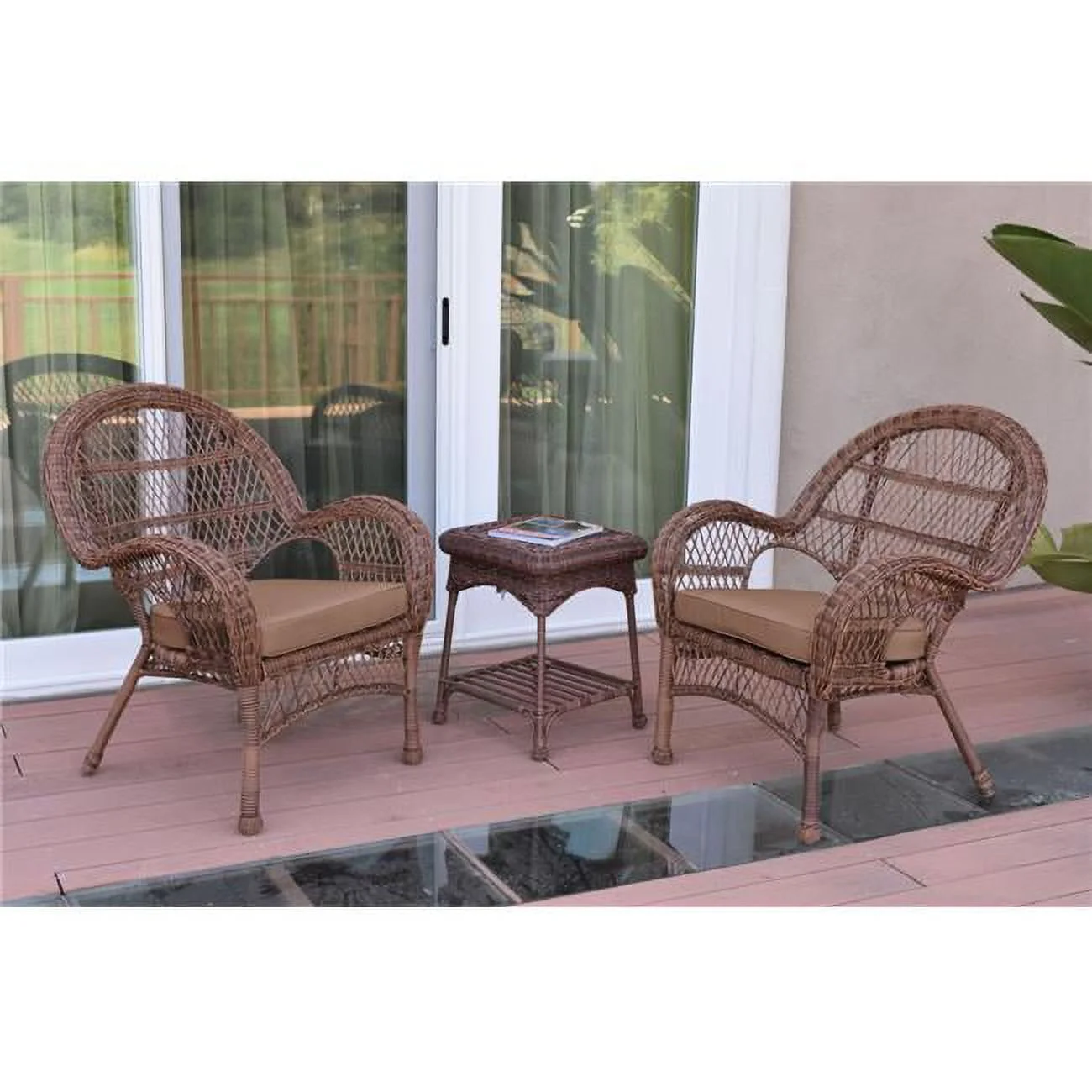 W00210-2-CES007 3 Piece Santa Maria Honey Wicker Chair Set, Brown Cushion
