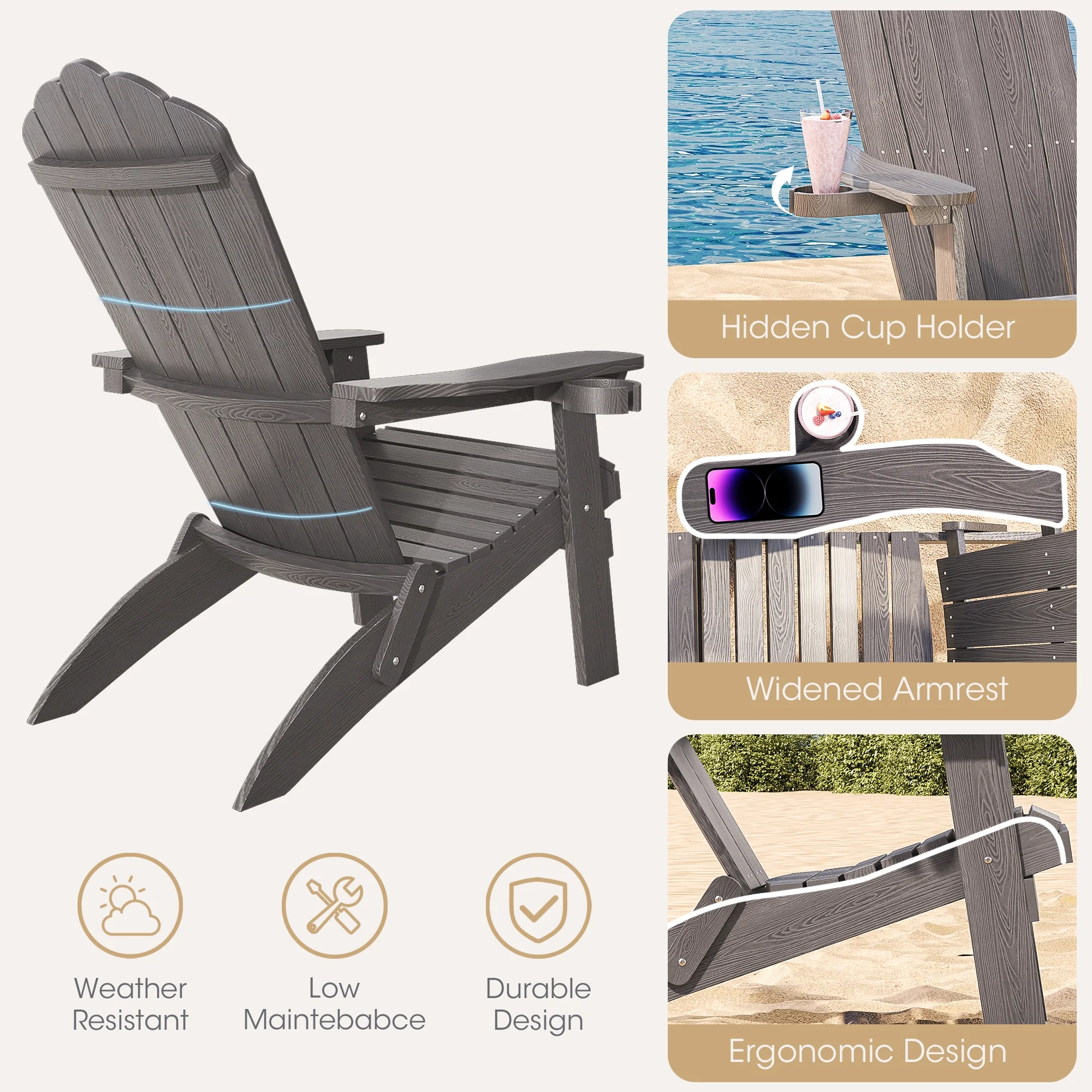 Adirondack Chair, Folding Outdoor Patio Furniture Chair, Gray