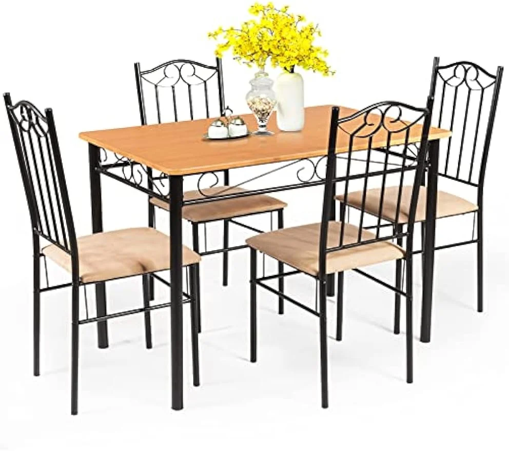 Durx-litecrete 5-Piece Dining Table Set, Vintage Kitchen Table Set with 4 Chairs, Metal Frame, Dining Table and Chairs Set for Kitchen, Restaurant, Café