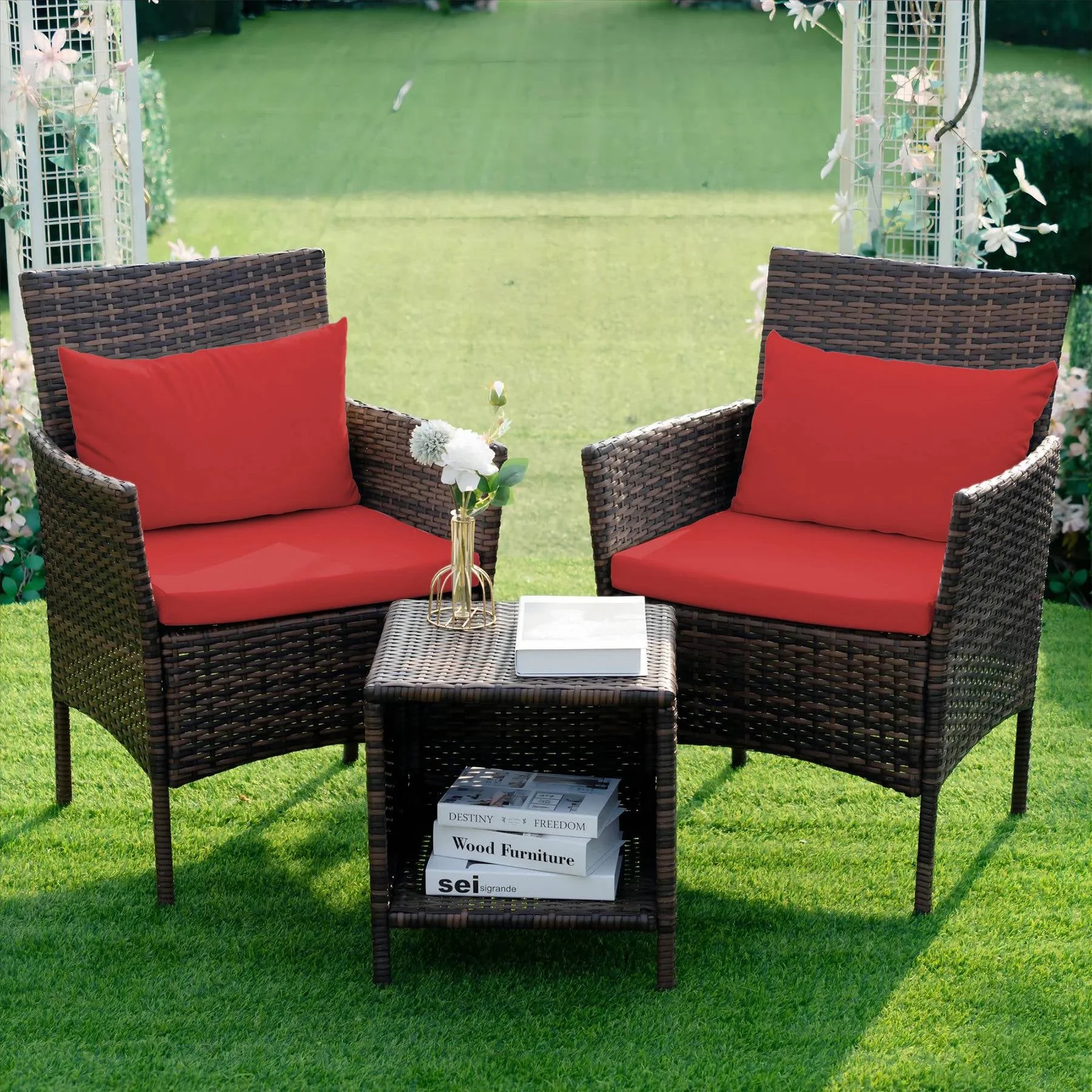 Tappio 3 Piece Patio Conversation Bistro Set Outdoor Chat Furniture, Porch Balcony Furniture Set,Wicker Chairs and Storable Table Set for Patio Balcony Backyard Apartment, Brown/Red