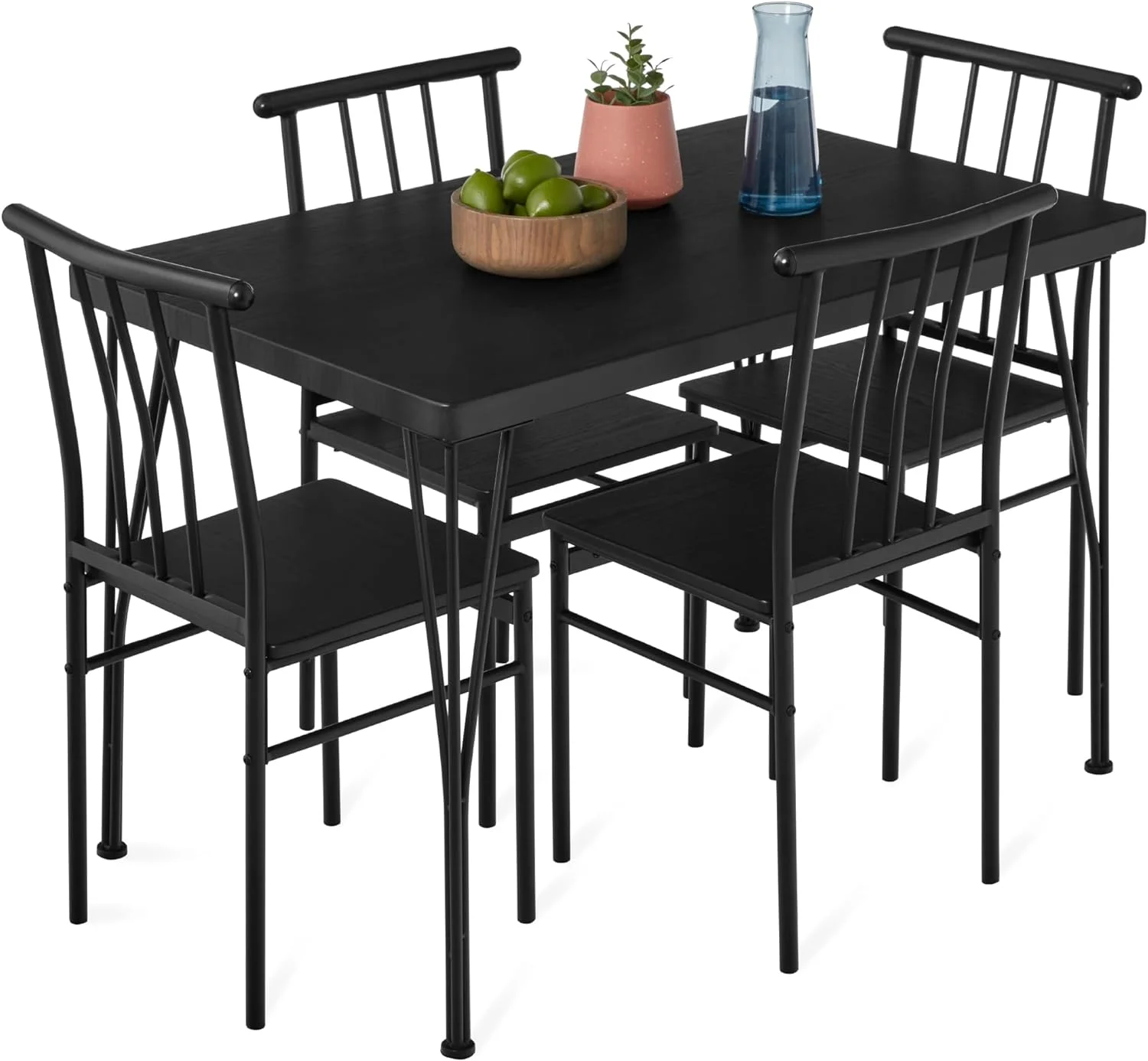 5-Piece Metal and Wood Indoor Modern Rectangular Dining Table Furniture Set for Kitchen, Dining Room, Dinette, Breakfast Nook w/ 4 Chairs - Black