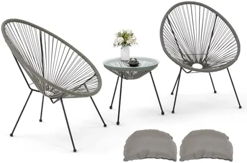 xrboomlife 3-Piece Patio Acapulco Chairs Set  All-Weather Wicker  w/Pillow & Glass Top Table  Outdoor Rattan Conversation Set for Porch Garden  Balcony  Deck  Poolside  Black