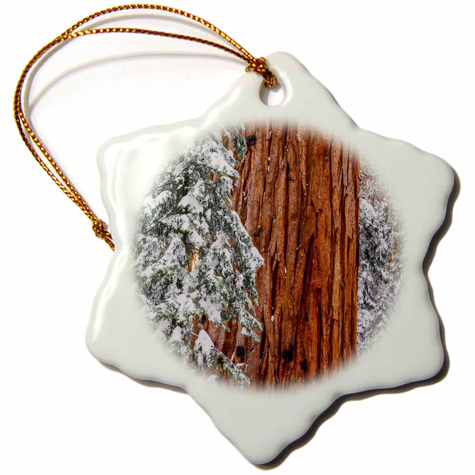 Giant Sequoia in Congress Grove in winter, Sequoia N.P., California. 3 inch Snowflake Porcelain Ornament orn-346381-1