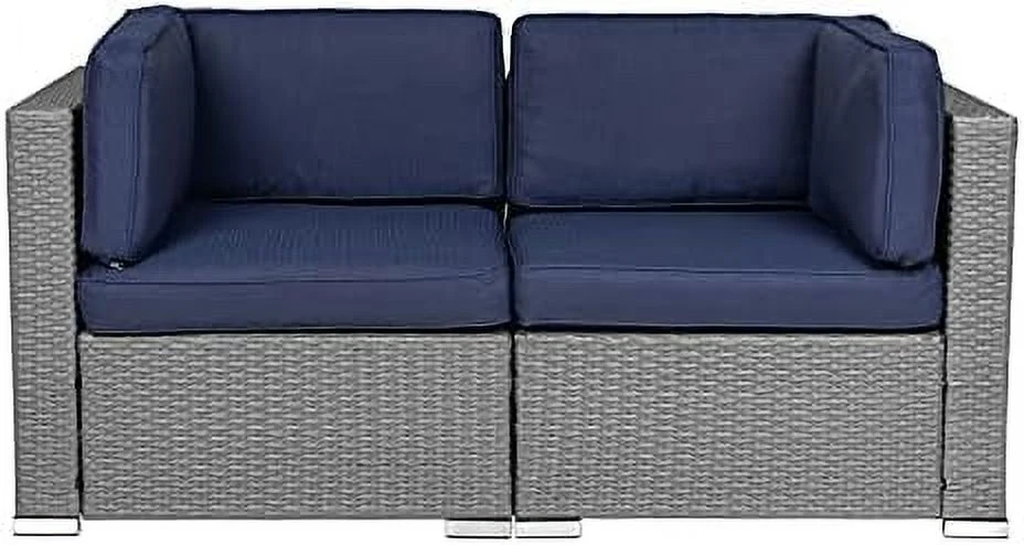 ASDRFYU 2 Pieces Outdoor Wicker Loveseat  Patio Rattan Sectional  Corner Sofa Set All-Weather Grey Wicker with Removable Cushions for Balcony  Backyard  Garden (Sky Blue)