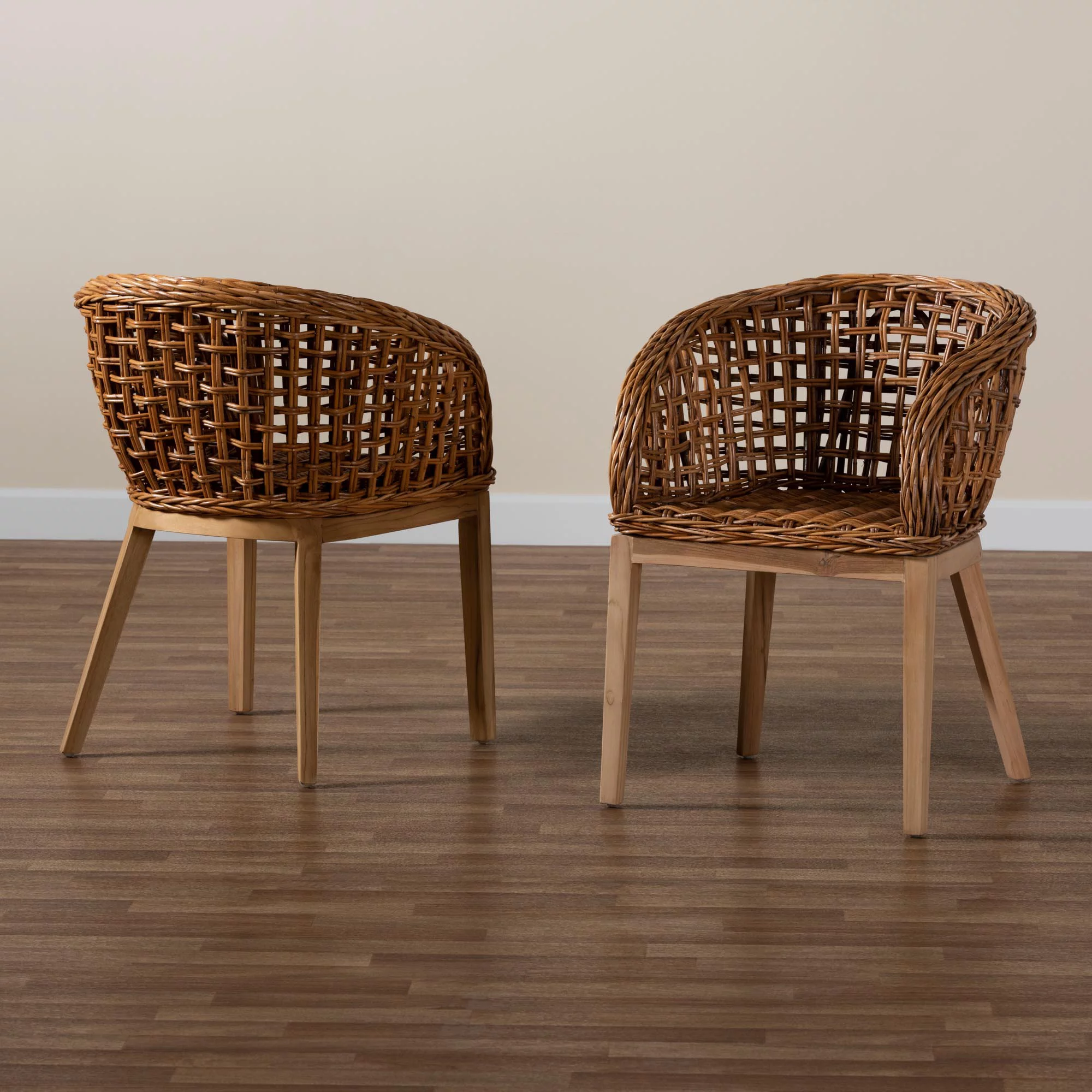 bali & pari Mario Modern BoHo Natural Brown Finished Teak Wood and Rattan 2-Piece Dining Chair Set