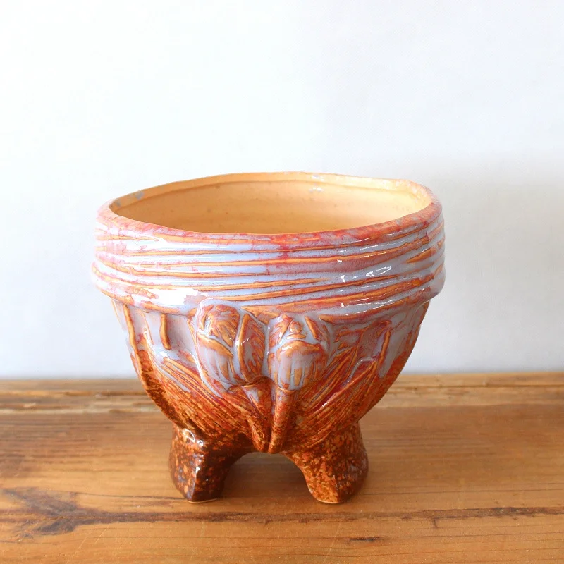 Ceramic Succulent Planter - Tree Stump Design Flower Pot for Succulents - Bonsai Pot