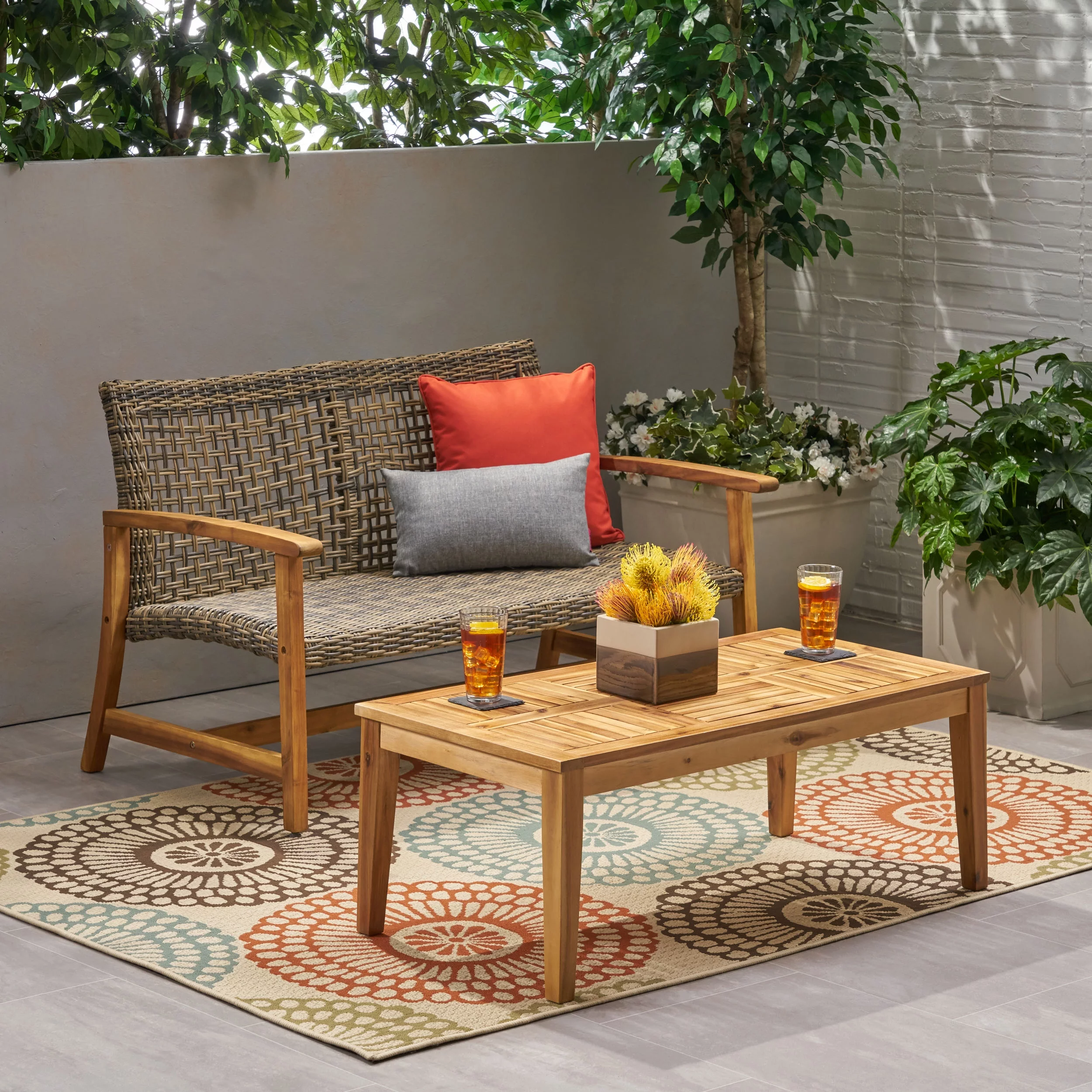 Camdyn Outdoor Wood and Wicker Loveseat and Coffee Table Set, Gray