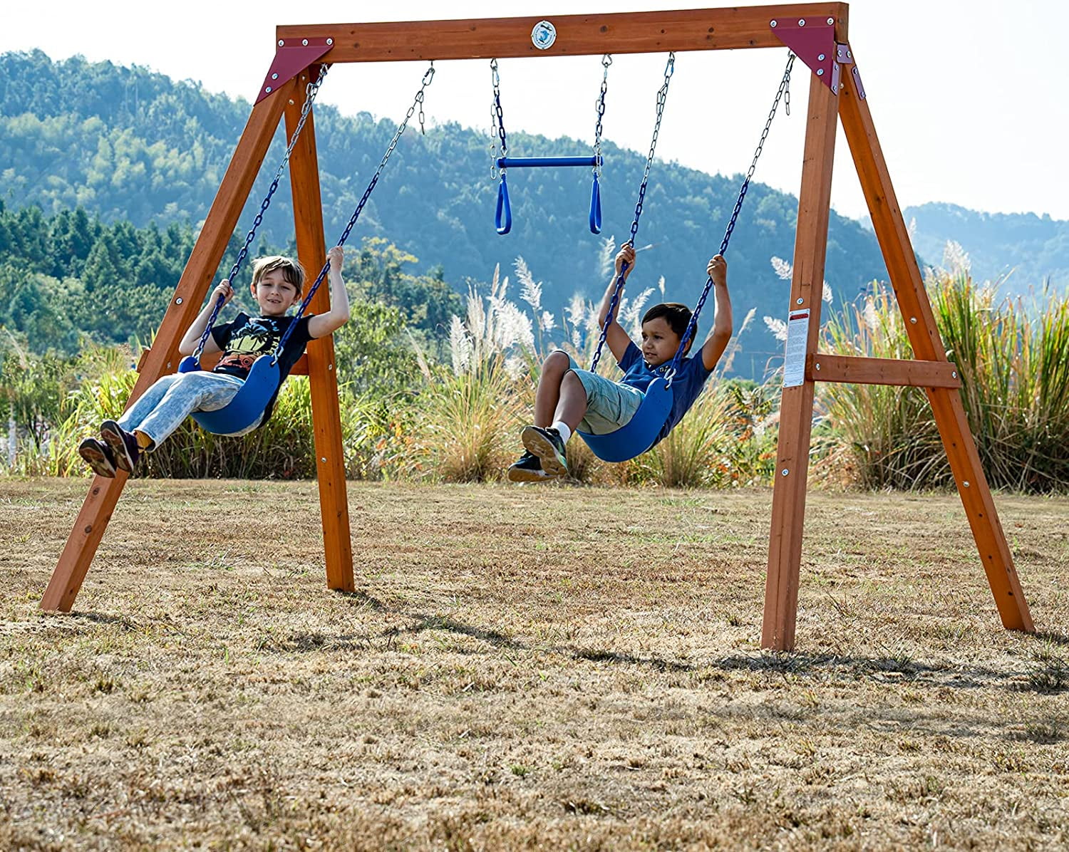 DIY Swing Sets for Backyard, Wooden Swing Set Outdoor for Kids with Trapeze Swing Bar and 2 Belt Swings, Heavy Duty Playground Accessories, Suitable for Any Swing Replacements