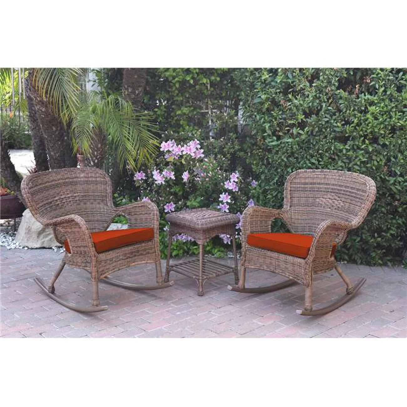 W00212-2-RCES018 Windsor Honey Wicker Rocker Chair & End Table Set with Red Cushion