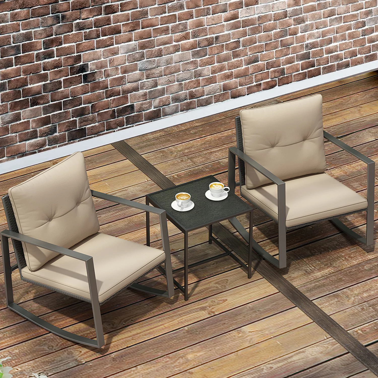 Riley 3-Piece Patio Modern Furniture Set - A Solid Glass Coffee Table WithTwo Plush Cushioned Chairs - Coffee/ Off-white
