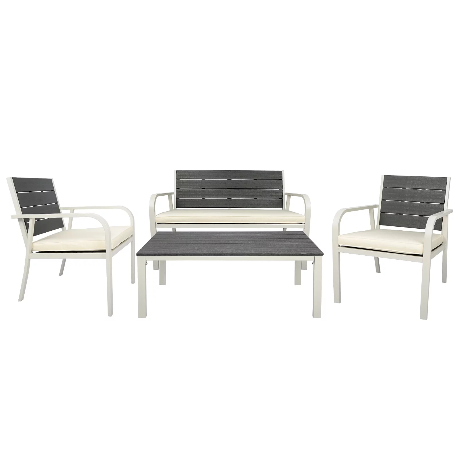 CoSoTower 4 Pieces Patio Garden Sofa Conversation Set Wood Grain Design PE Steel Frame Loveseat All Weather Outdoor Furniture Set with Cushions Coffee Table for Backyard Balcony Lawn White
