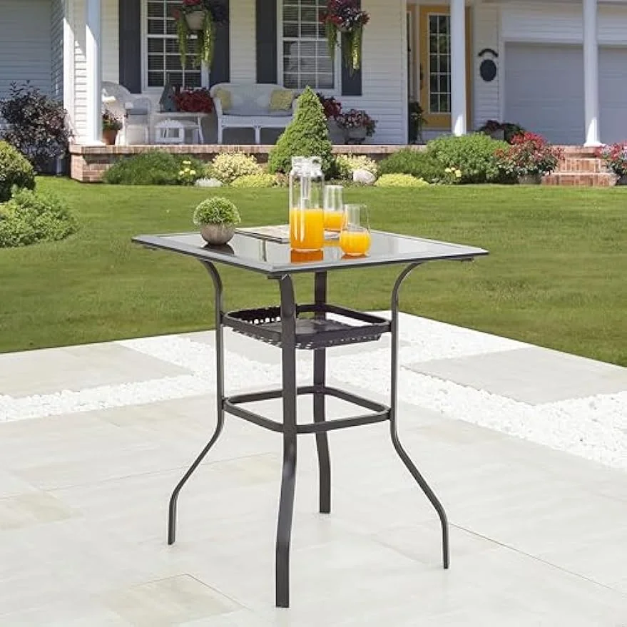 Patio Bar Height Outdoor Table Bistro Square Outside High Top with 2-Tier Metal Frame (27.6