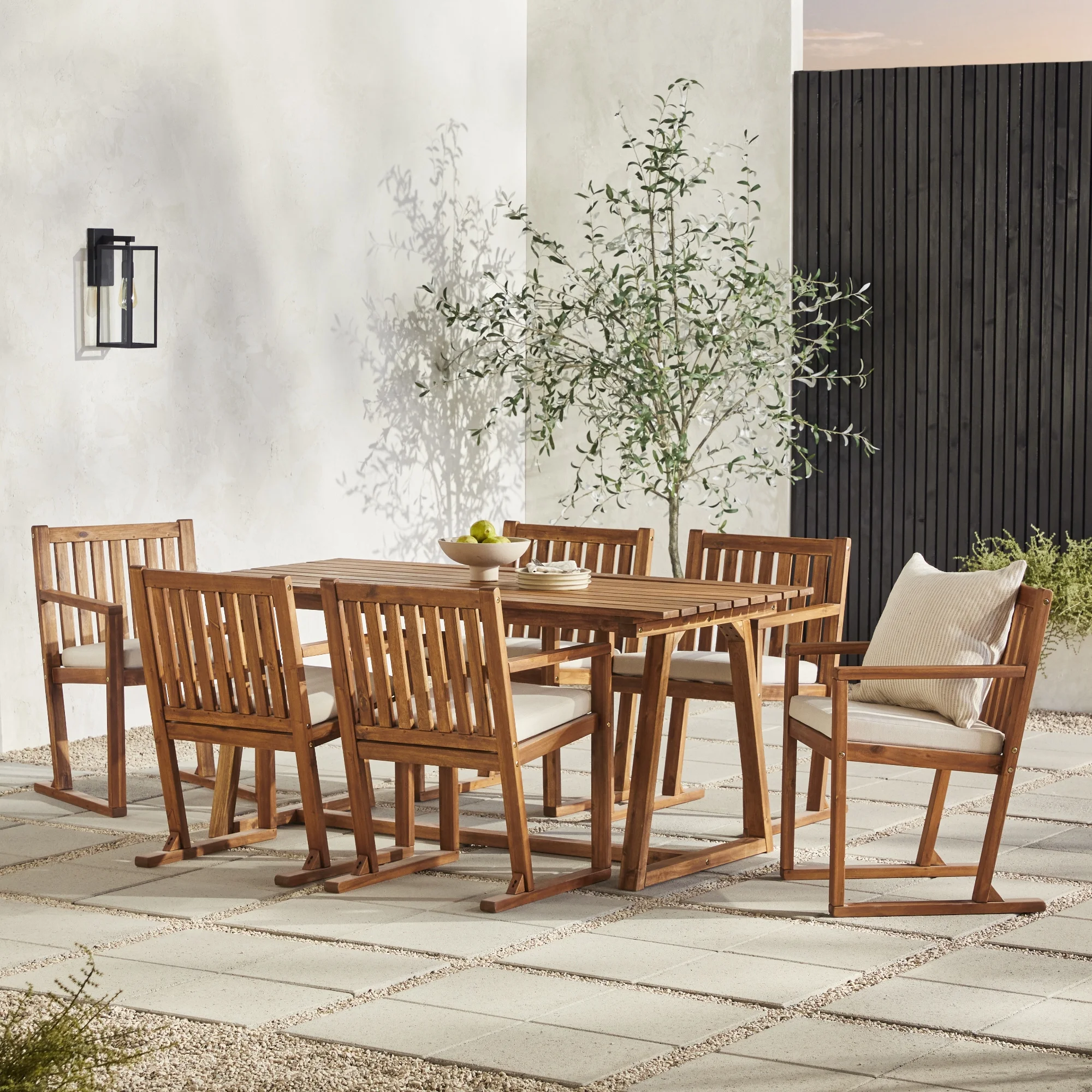 Walker Edison Modern 7-Piece Solid Wood Outdoor Dining Set, Brown