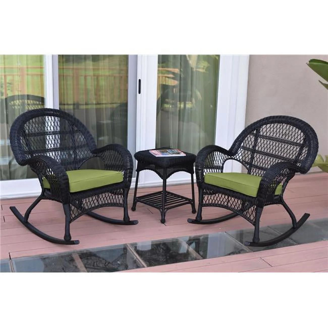 Jeco W00211-2-RCES029 3 Piece Santa Maria Black Rocker Wicker Chair Set, Green Cushion