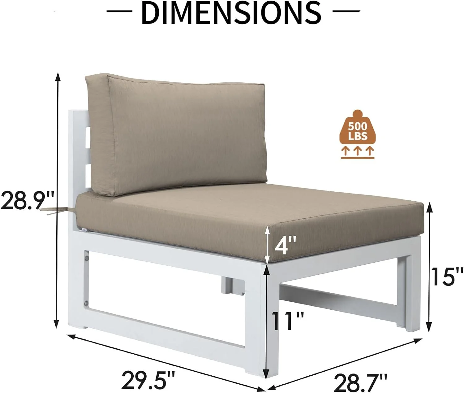 Dina® Gray Aluminum Armless Chairs 2 Pieces Outdoor Sofa Sectional Conversation Modern Patio Furniture with Black Cushion