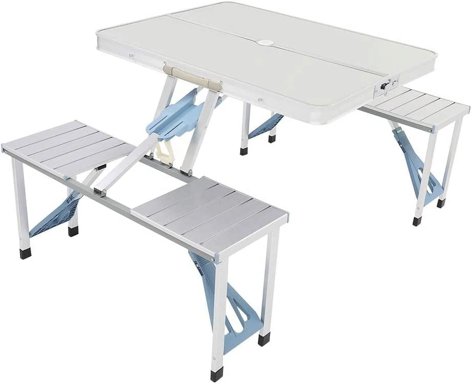 Picnic Tables, One Piece Folding Table and Chair Aluminum Alloy, Portable Folding Camping Picnic Table and 4 Seats, Portable Desk, for Indoor Outdoor Travel, Camping, Hole for Parasol