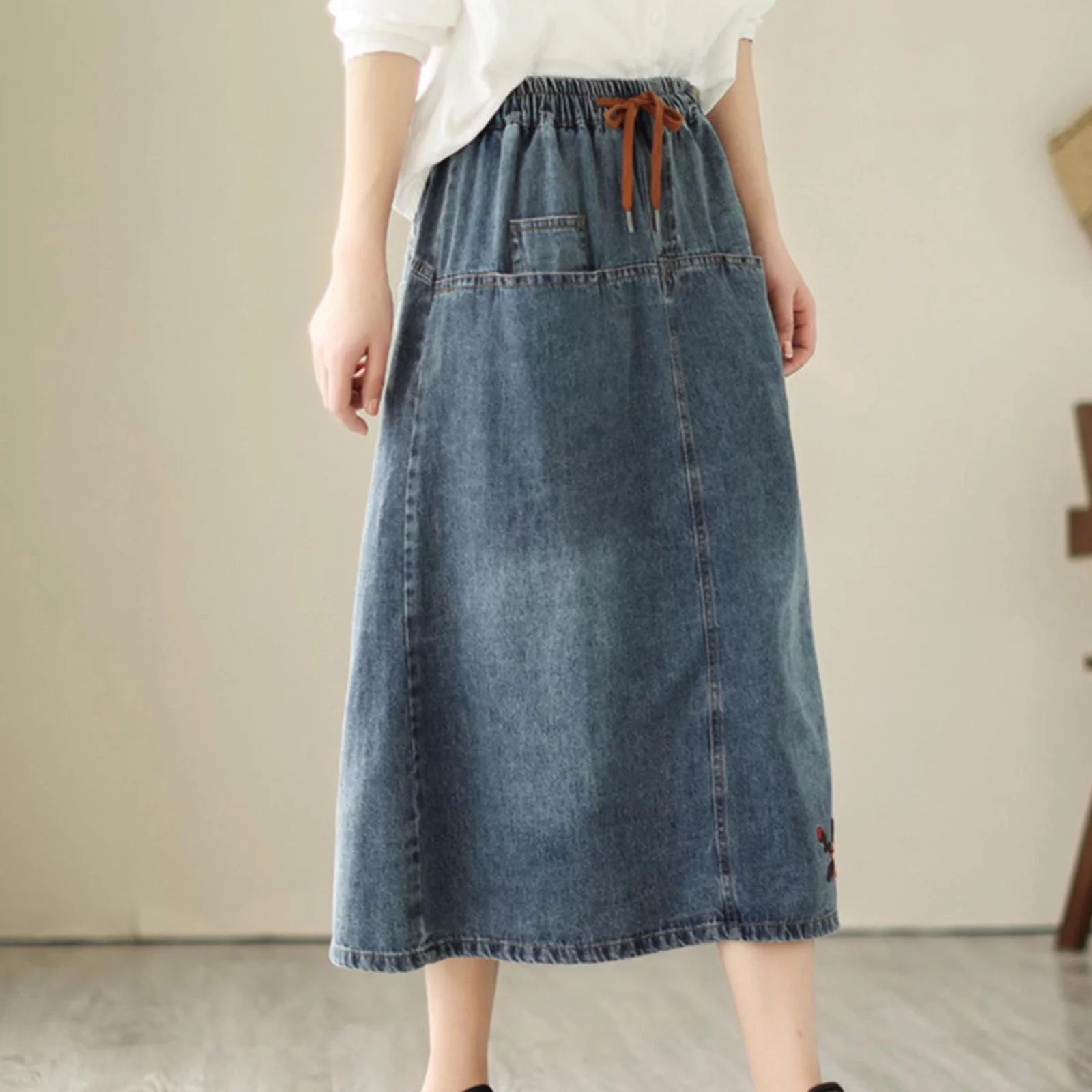 Autumn Cargo Skirt Spring And Summer Half Skirt Elastic Waist A Line Skirt High Waist Embroidery Denim Retro Mid Length Style Two Piece Skirt Set